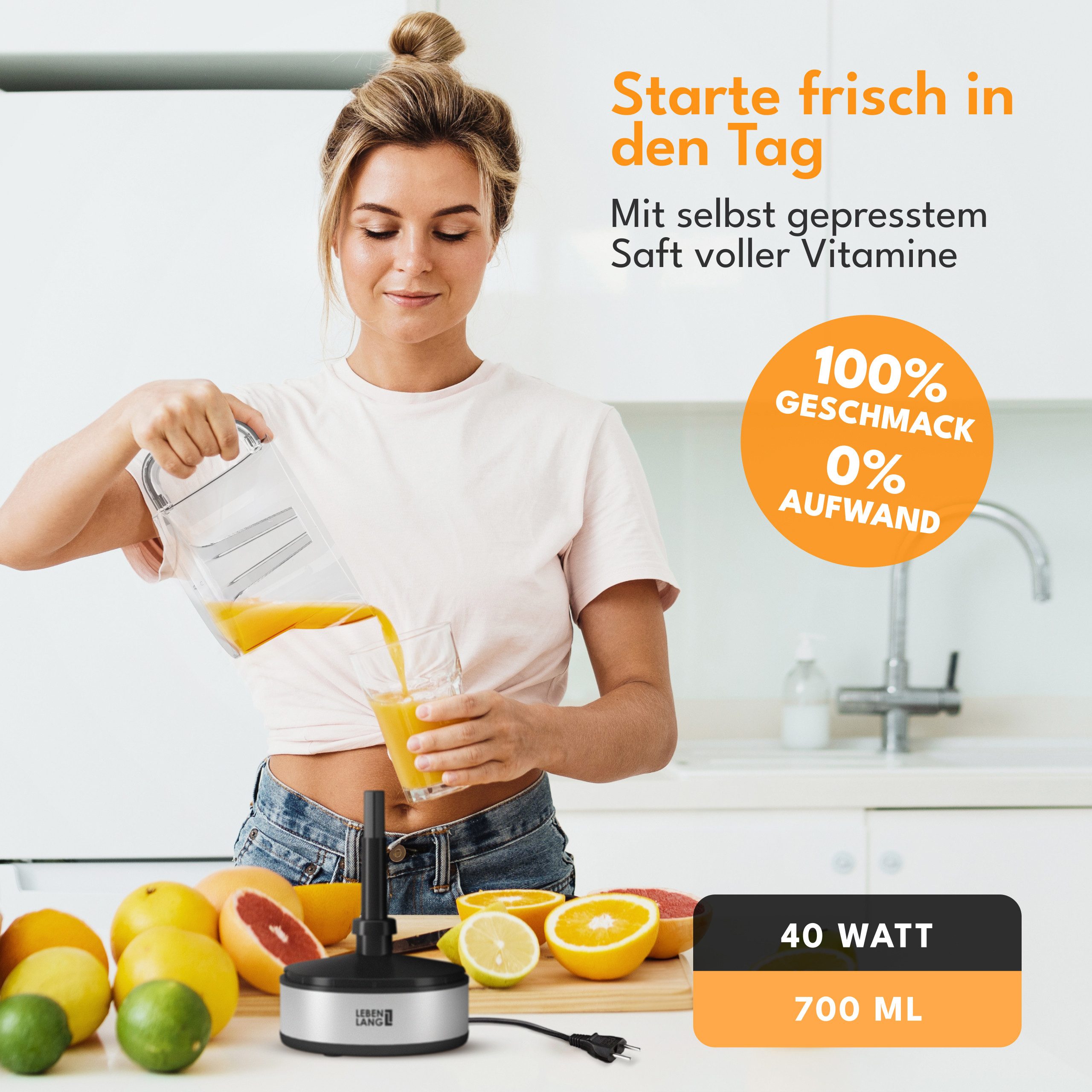 Lebenlang Zitruspresse Saftpresse elektrische Zitronenpresse Orangenpresse, 40,00 W, BPA-freie, zwei Drehrichtungen, spülmaschinenfest, Auto ON/OFF – Bild 3 von 5
