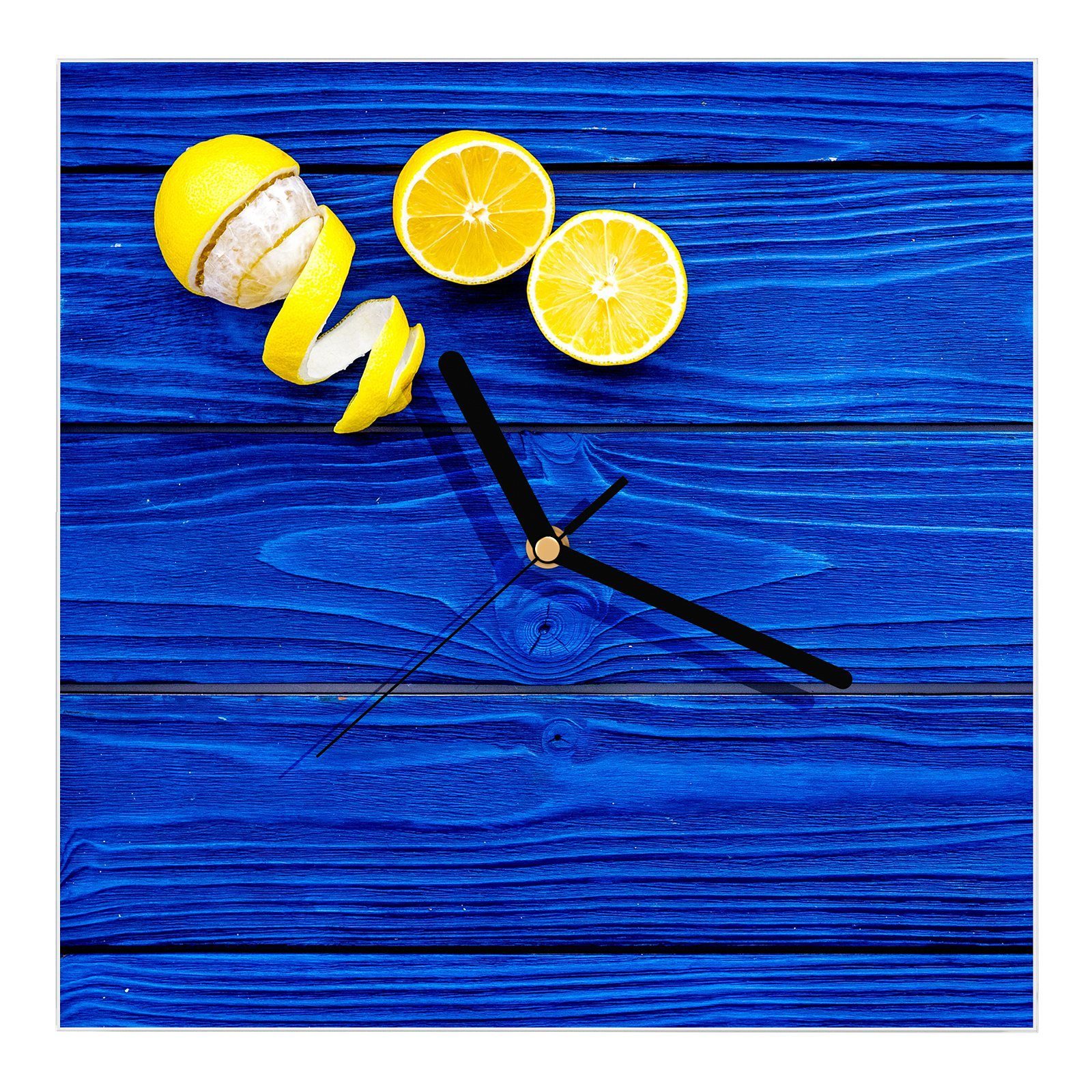 Primedeco Wanduhr Glasuhr Wanduhr Wandkunst Größe 30 x 30 cm mit Motiv Zitronen auf Holz