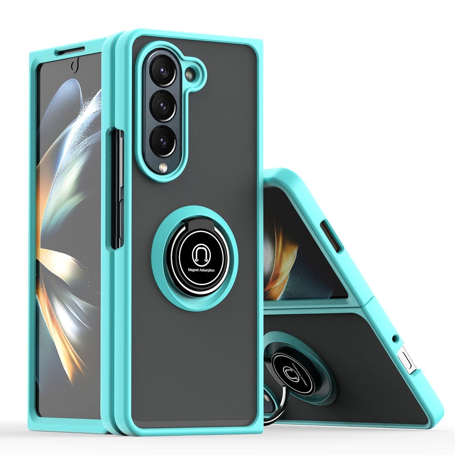 Wigento Handyhülle Für Samsung Galaxy Z Fold6 Shadow Design TPU / PC Hülle Ring Hellblau, Ring Halterung Schutzhülle