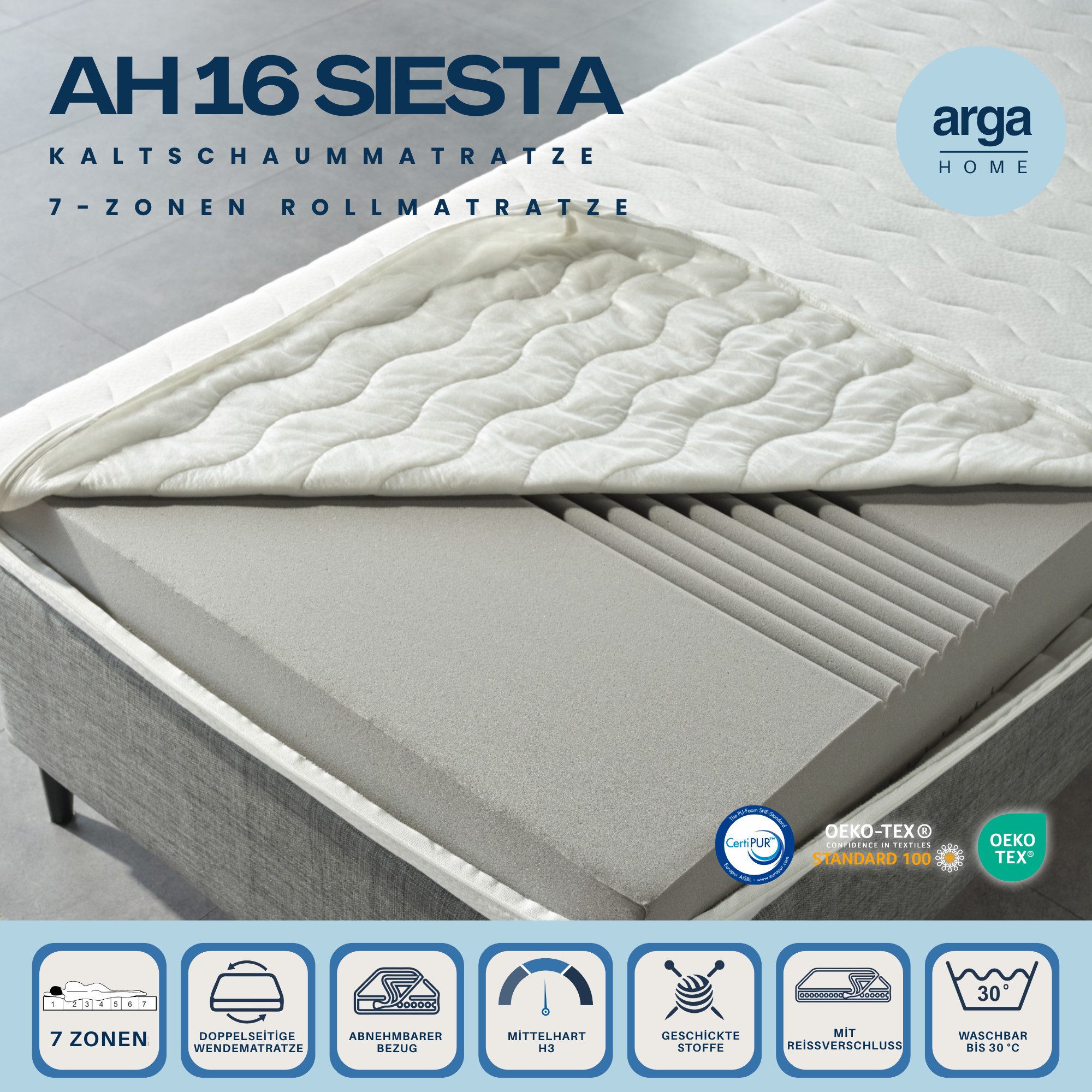 Kaltschaummatratze AH16 SIESTA Kaltschaummatratze, 16 cm höhe, 7 Zonen, H3, ARGAHOME, 16 cm hoch