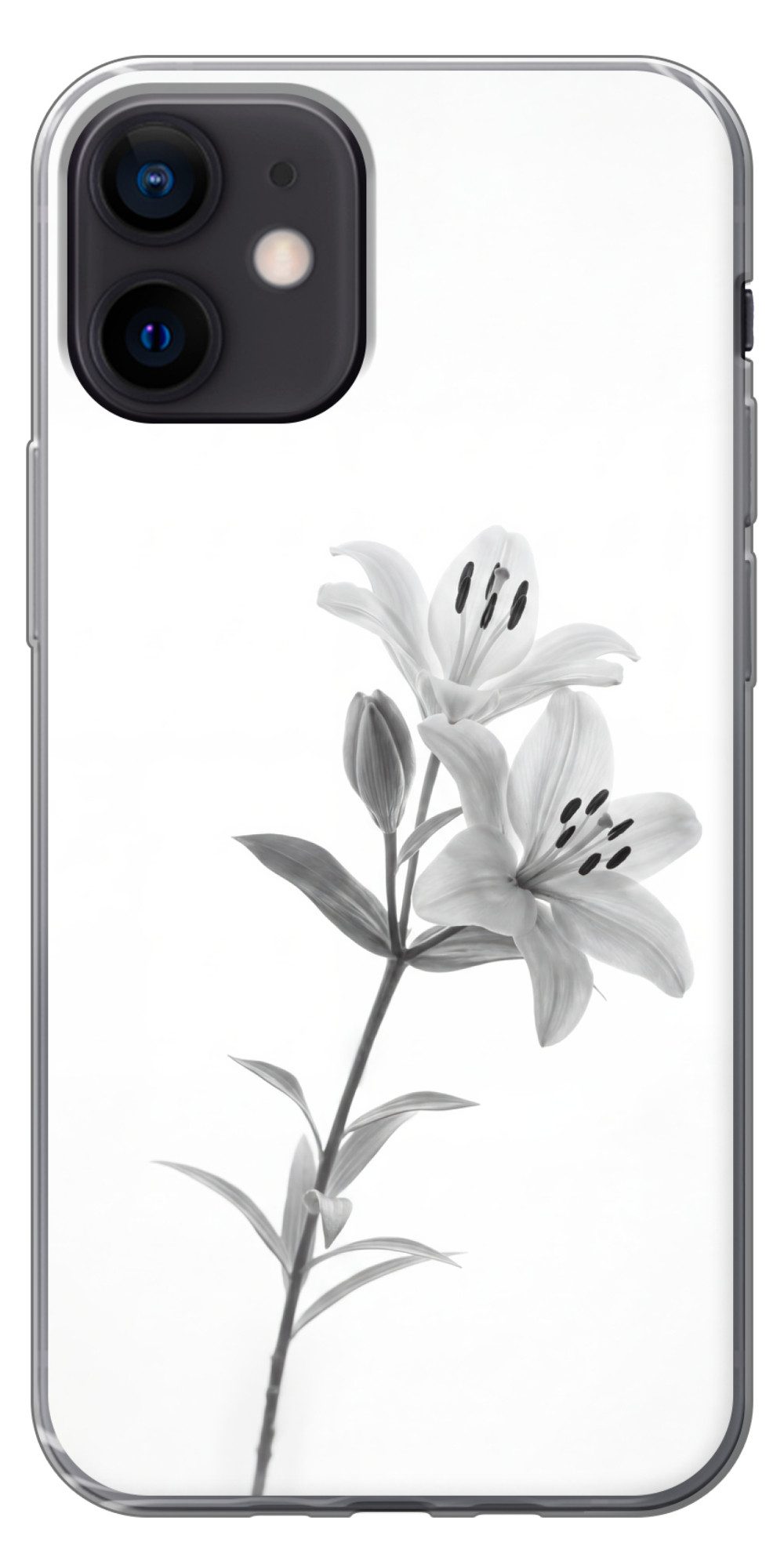 MuchoWow Handyhülle für Apple iPhone 12 Mini Lilien - Elegant - Schwarz - Weiß, Smartphone-Bumper, Print, Handy Schutzhülle Dünn