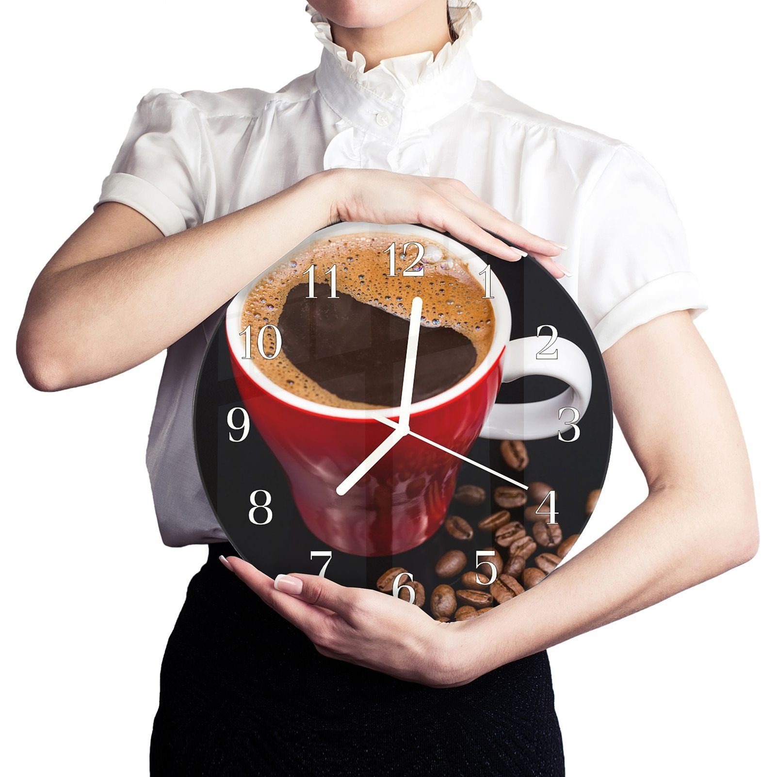 Motiv Glas Rund in 30 Tasse Quarzuhrwerk Primedeco und Durchmesser Wanduhr aus - mit roter Wanduhr cm mit Kaffee