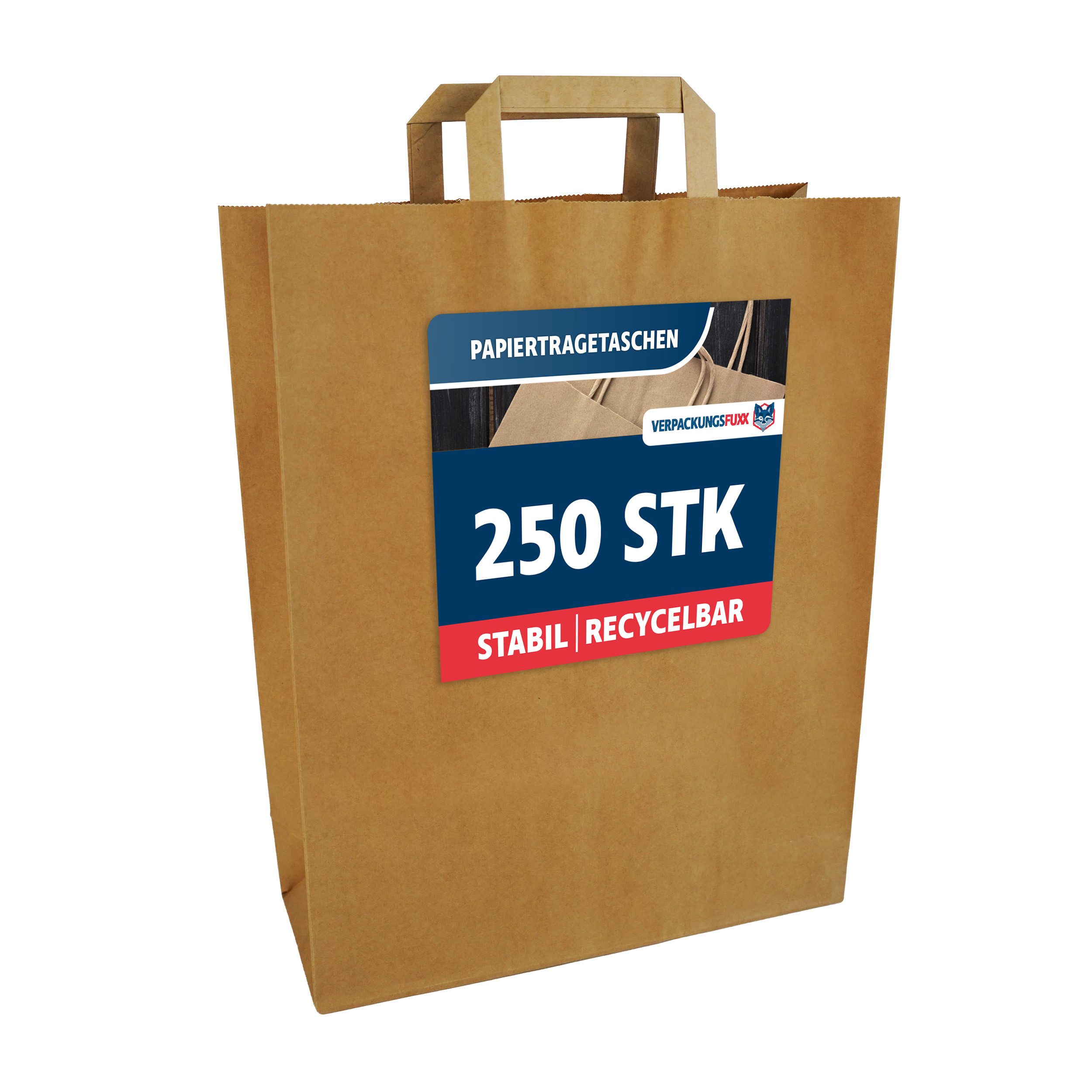 VERPACKUNGSFUXX Tragetasche 250 Stk. Papiertragetaschen 22 x 10 x 28 cm (braun), unbedrucktes Design, 70 g/m², gefaltete Papierhenkel