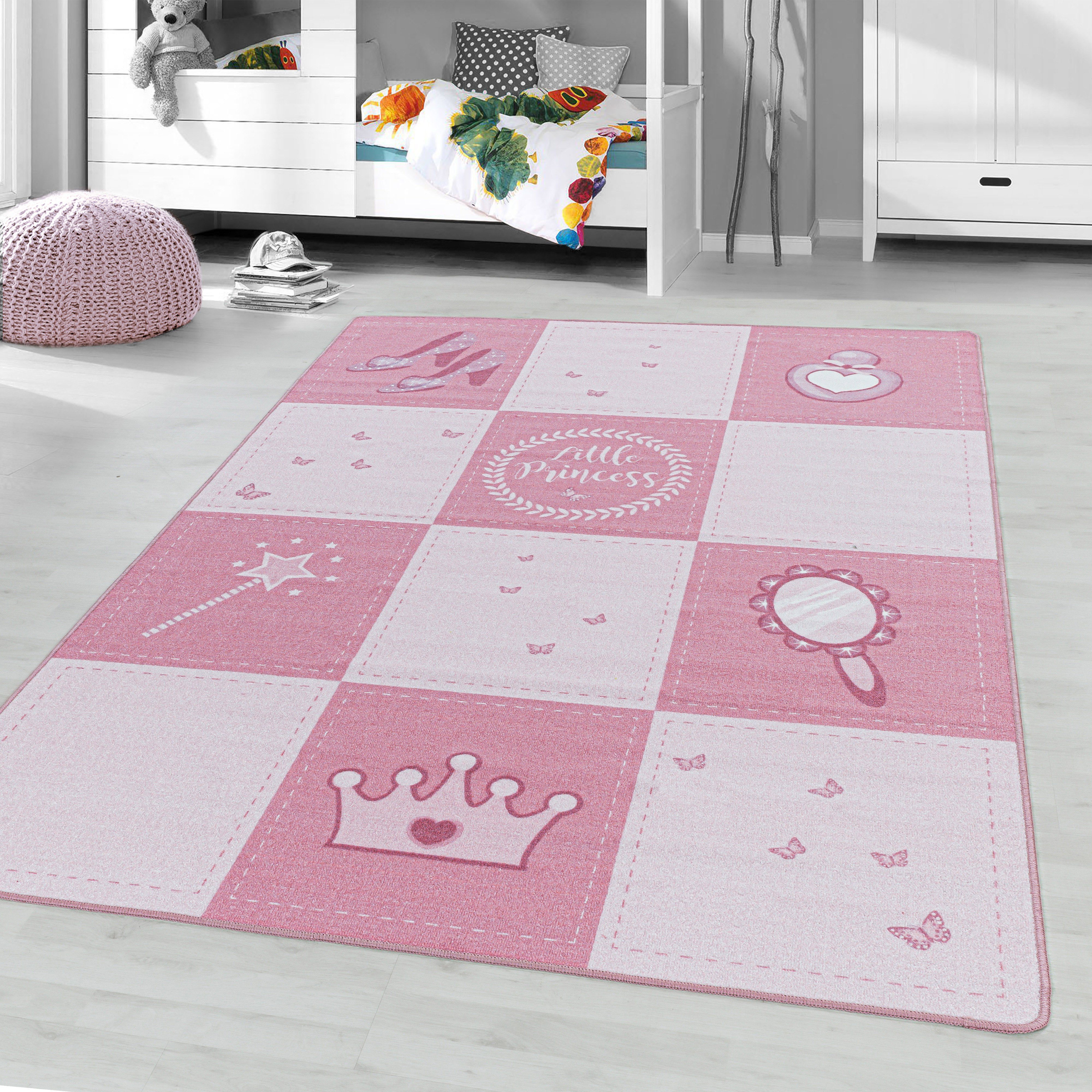 Kinderteppich Mädchenteppich Prinzessinnenteppich Prinzessin Kurzflorteppich rosa, Angeycasa, rechteckig, Höhe: 8, 8 mm, Kinderzimmer