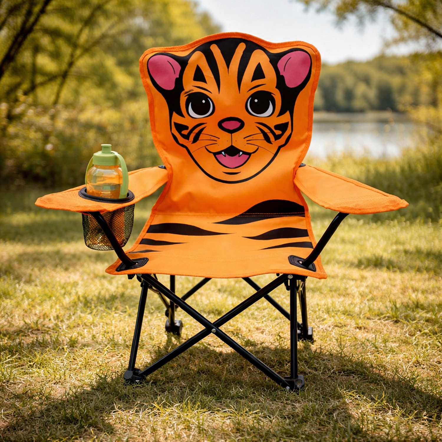 Mojawo Klappstuhl Kinder Anglersessel Orange mit Getränkehalter und Tasche Motiv Tiger – Bild 2 von 5