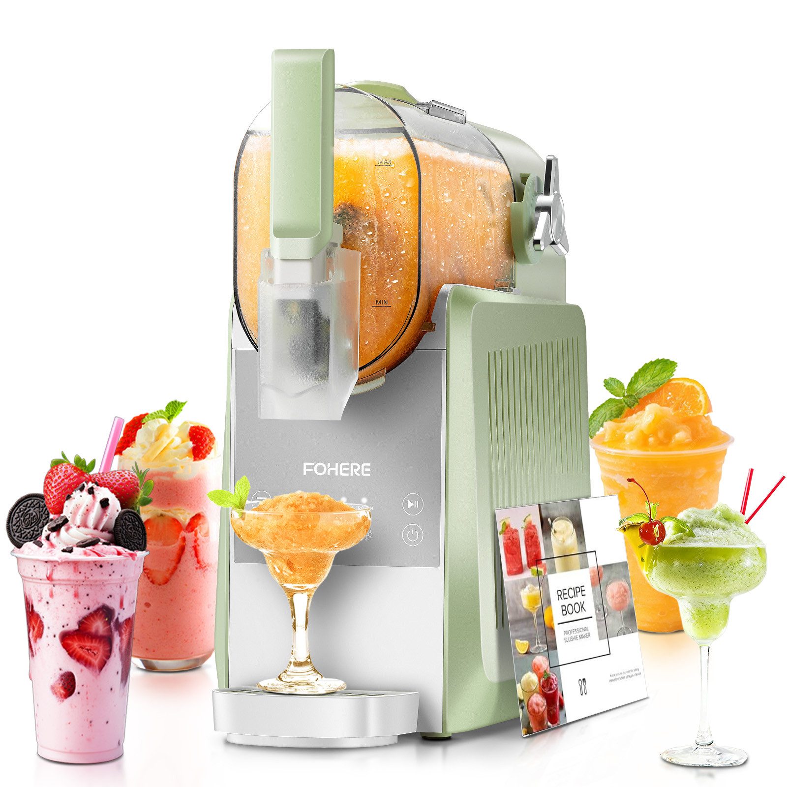 FOHERE Slush-Eismaschine 2.6L Slush Maschine, Selbstreinigung, 5 Programme, 12 Std Keep Cool, 2,6 l, Schnellgefrieren ohne Eis, Bohnengrün