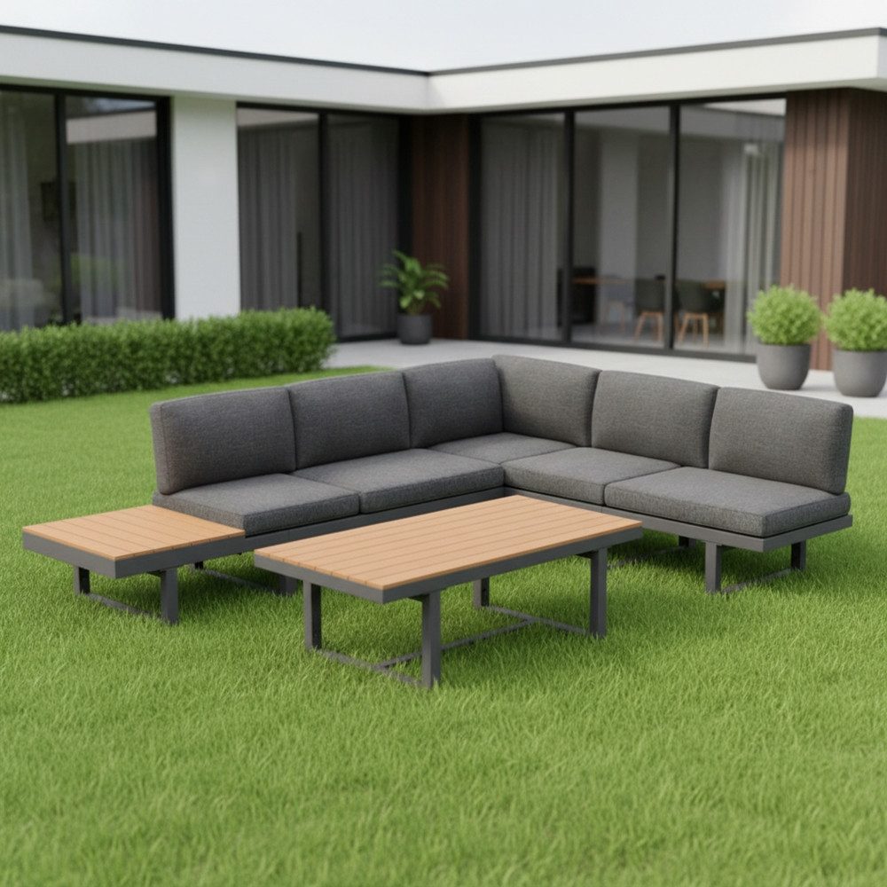 Mucola Gartenlounge-Set Ecklounge mit Liegefunktion Aluminium Essgruppe wetterfest Grau, (wetterfest, resistent gegen Regen, Salzwasser und intensive Sonneneinstrahlung, Kissen inkl. Reißverschluss, daher abnehm- und waschbar), inkl. praktischem seitlichen Beistelltisch und Bodenschoner