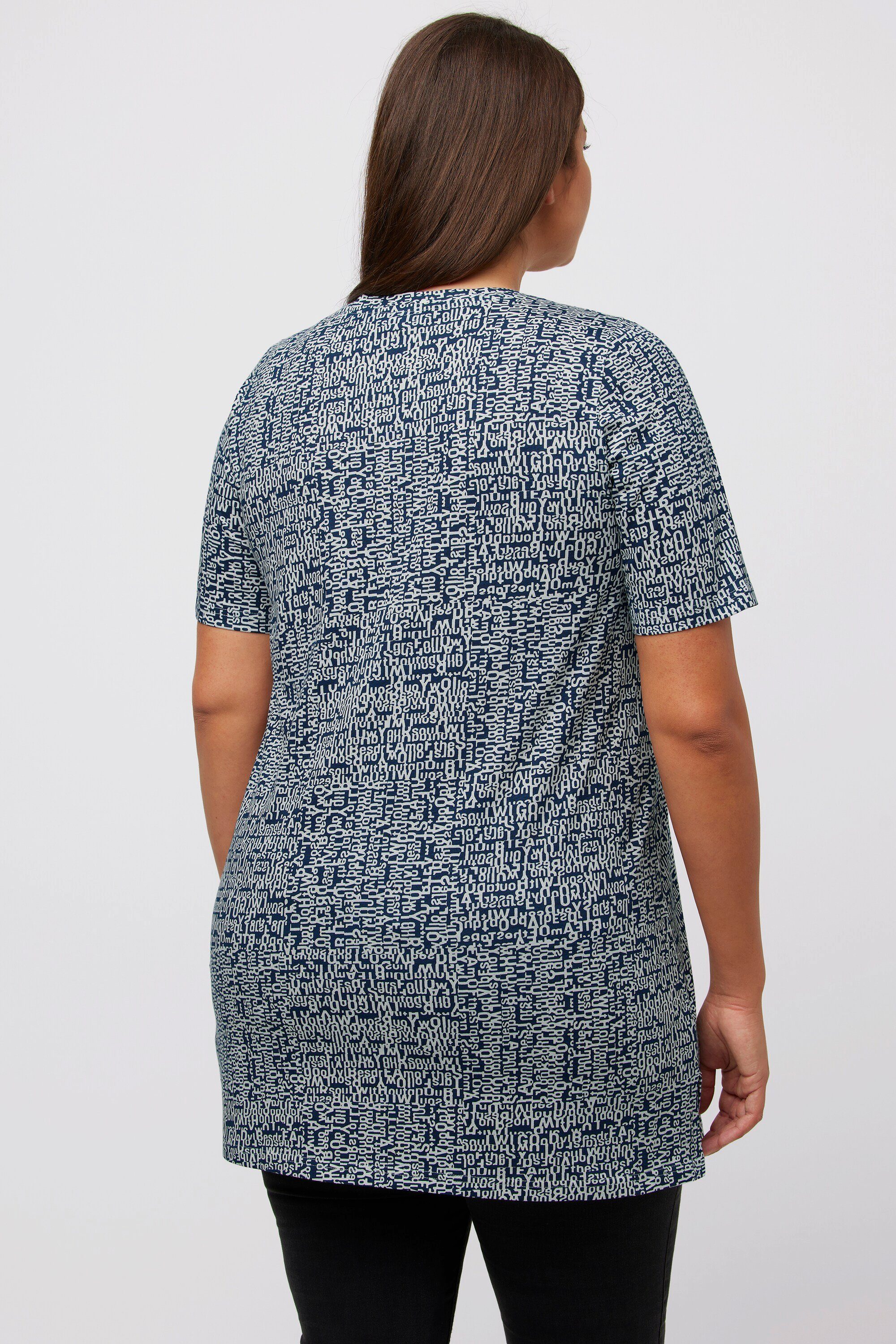 V-Ausschnitt gemustert Rundhalsshirt Ulla T-Shirt dunkelblau Halbarm Popken A-Linie