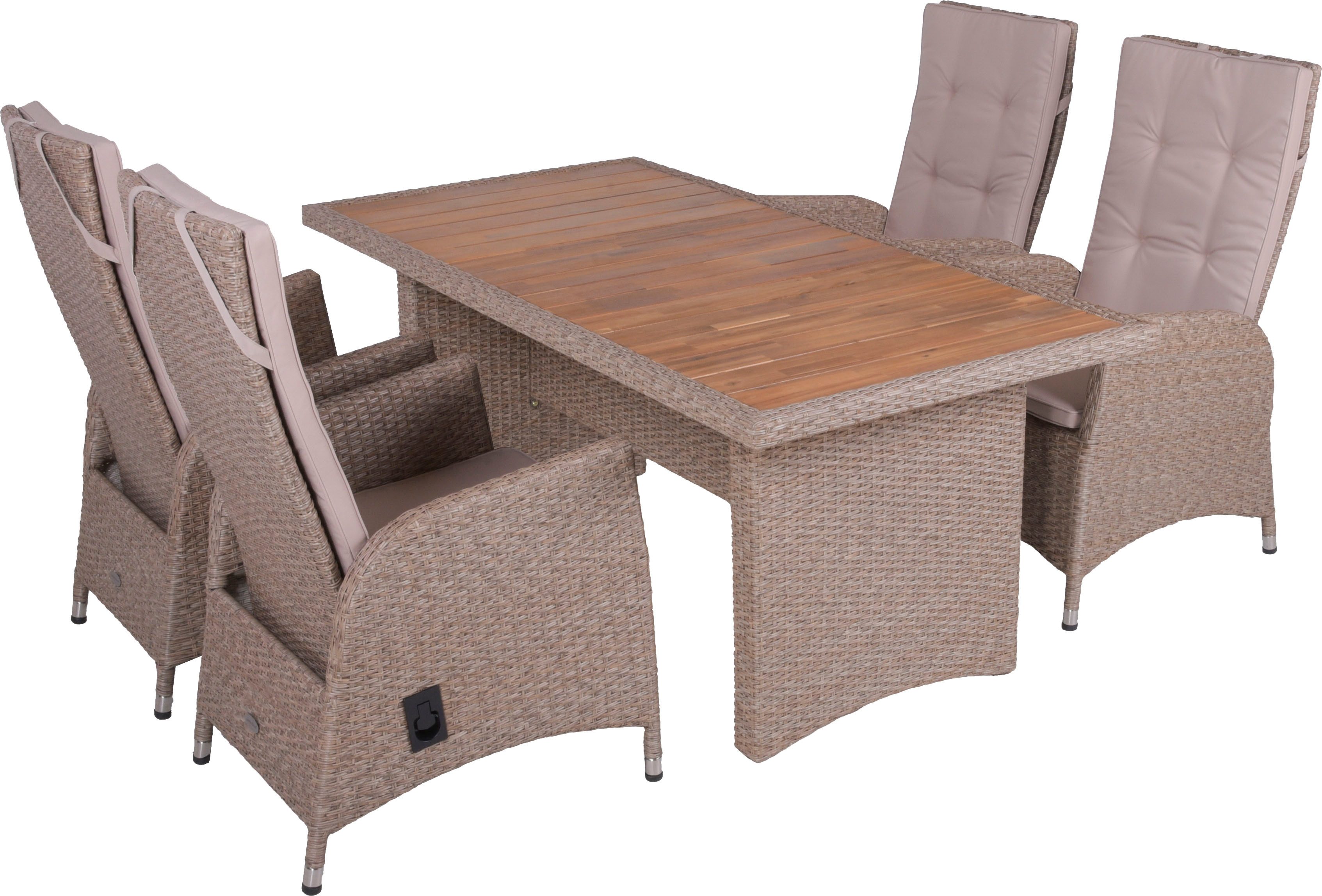 Garden Pleasure Garten-Essgruppe, Tischgruppe »BRAGA Set 03«, weidenbraun, (Set, 5-tlg), 4 Sessel, mit Gasfedern, Tisch LxB: 180x90 cm, inkl Auflagen