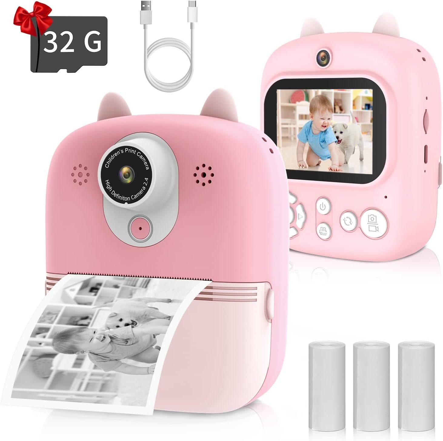 BlingBin 2,4 Zoll 1080P Kinder Kamera Sofortdruck Schwarzweiß Videokamera Sofortbildkamera (12 MP, 8x opt. Zoom, Live-Ansicht)