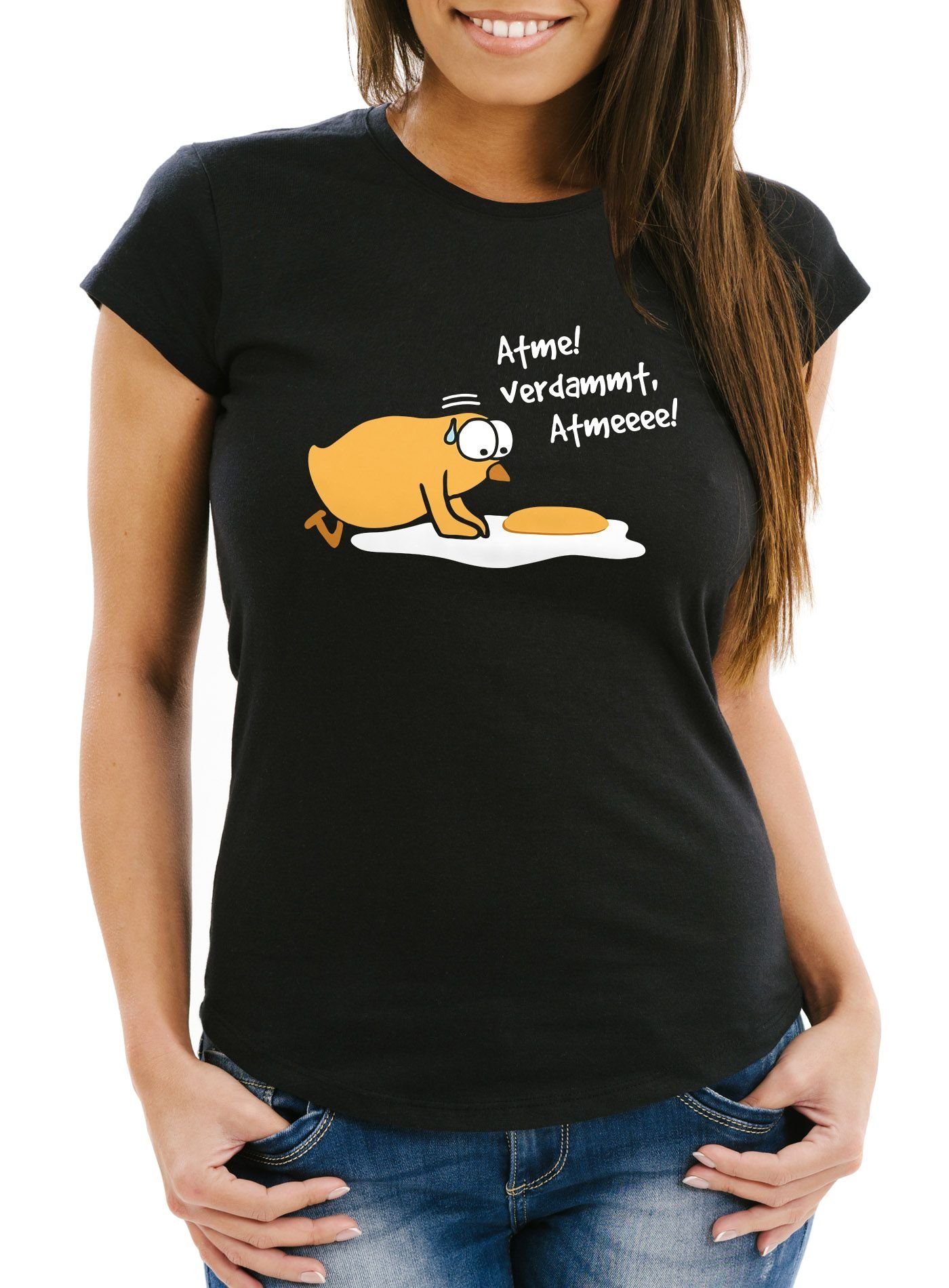 MoonWorks Print-Shirt Damen T-Shirt Spiegelei Verdammt Moonworks® Küken Fun-Shirt Atme! Frauen lustig mit Spruch Print