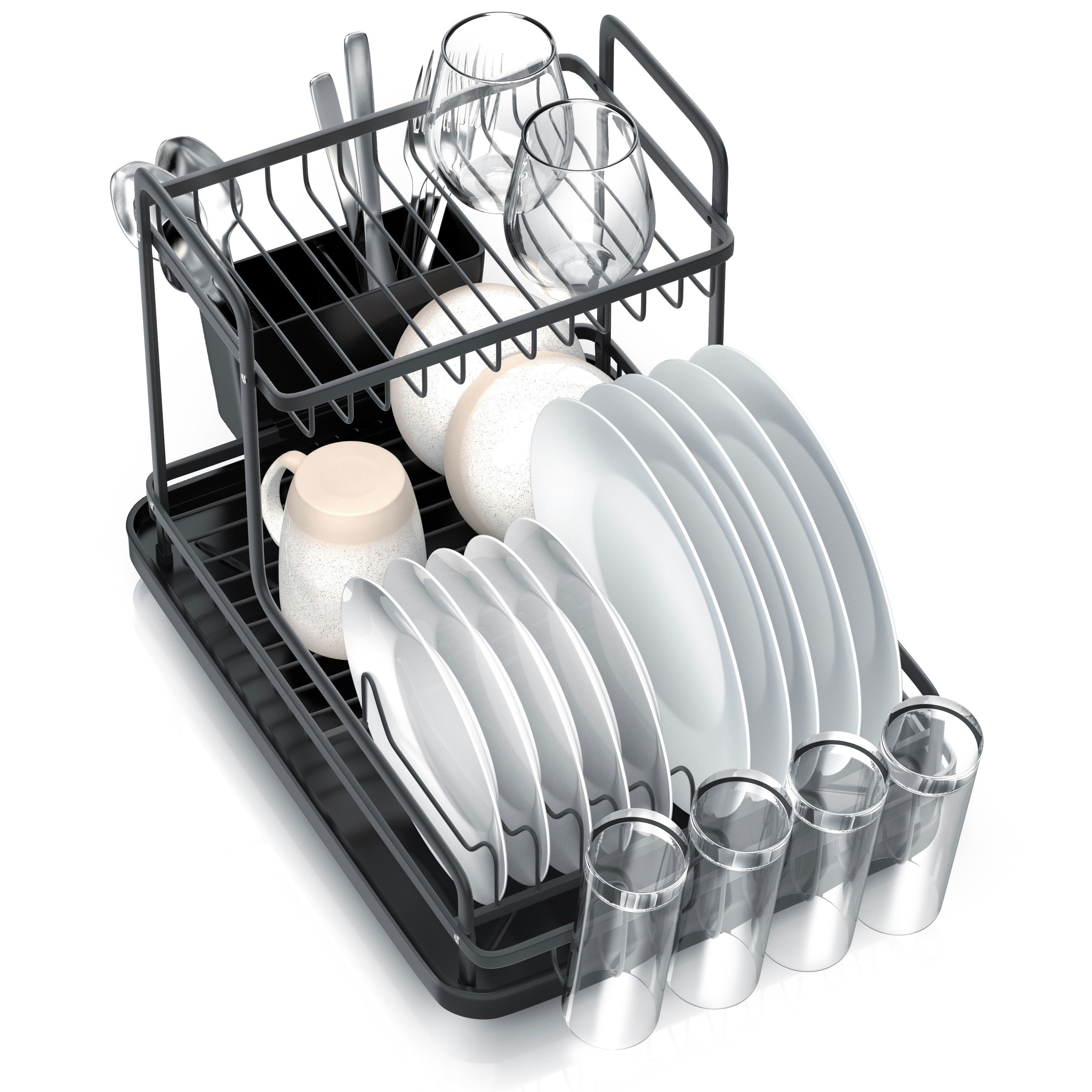 Arendo Geschirrständer Abtropfgestell, Abtropfgitter, zweilagig, 2 Ebenen, 360° Abfluss, Besteckhalter, 4x Glashalter, 10 Tellerhalter, platzsparend