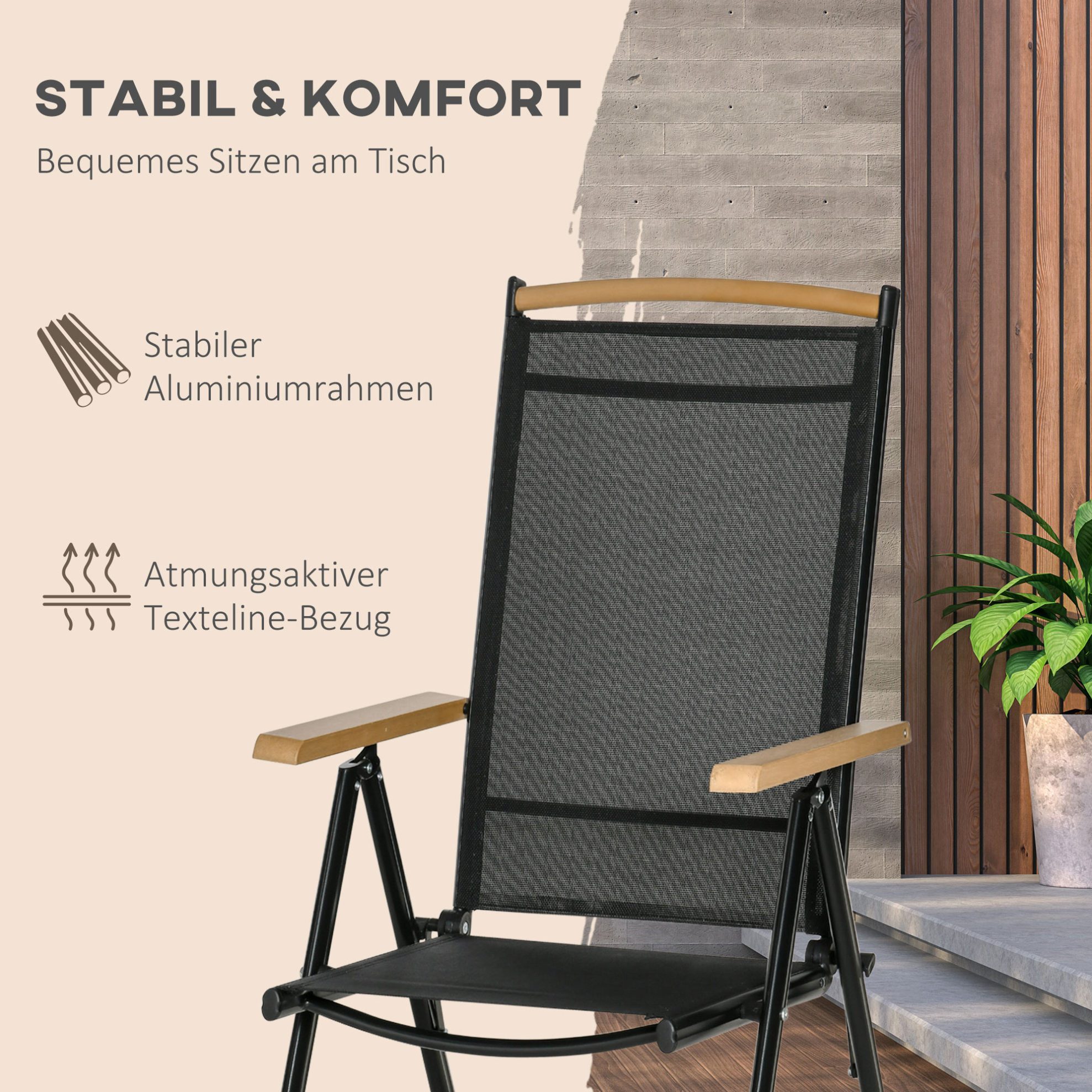 MODFU Sitzgruppe Klappbares 6-Sitzer Gartenmöbel Set in Schwarz, Aluminiumgestell, (Tisch 140x90x74 cm; Stuhl 55,5x68x109 cm, 7-tlg., 1 Tisch + 6 Stühle – leicht & robust), Perfekt für Balkon, Pool & Partys