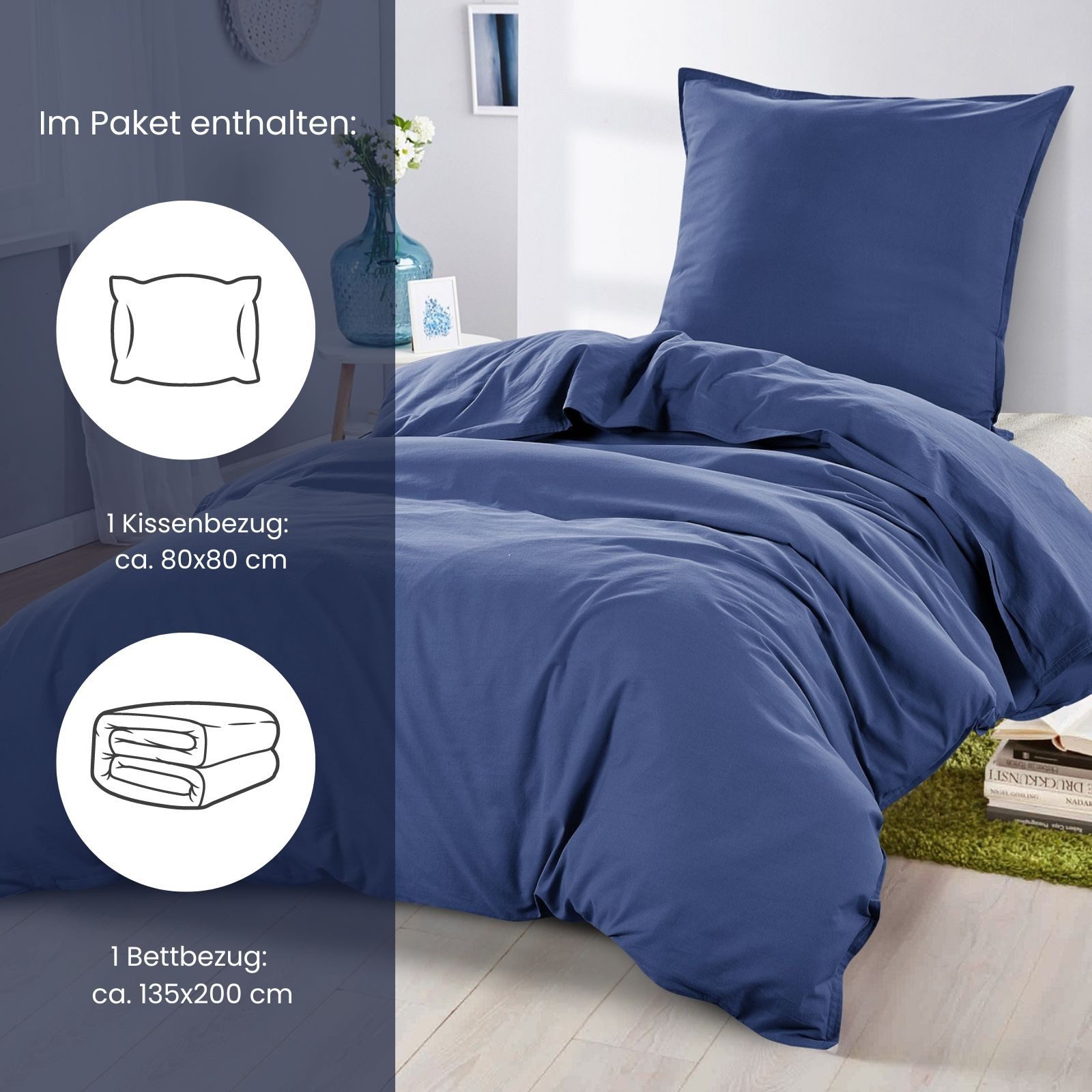 wometo Bettwäsche Stone Washed 135x200 Renforcé, Baumwolle, 2 teilig, OEKO-TEX®, 100% Baumwolle, Bettwäsche im Knitterlook mit Stehsaum