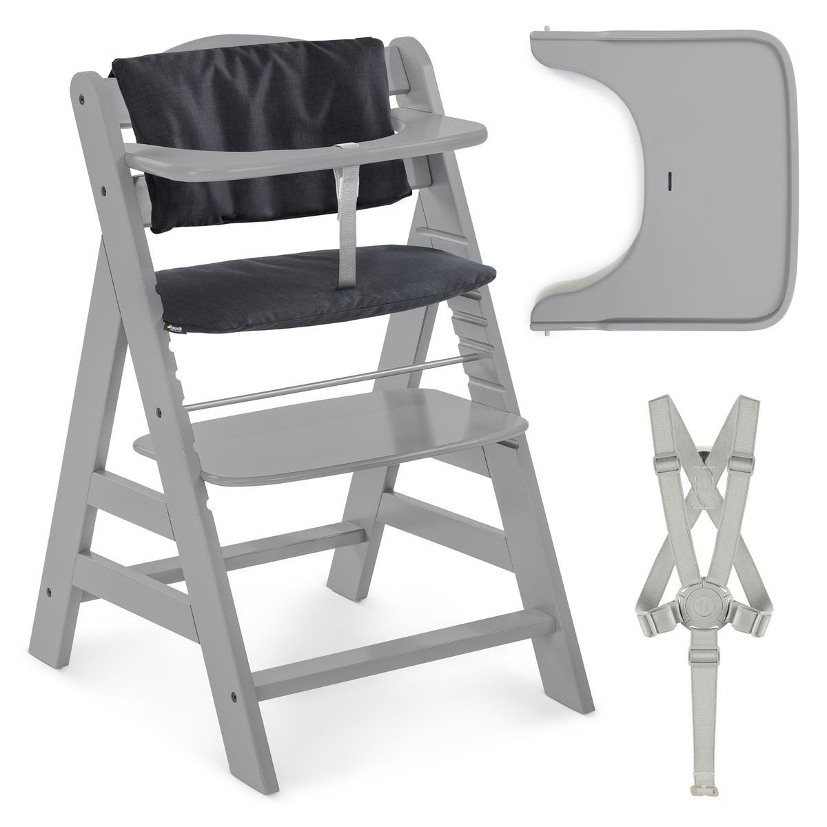 Hauck Hochstuhl Alpha Plus Grey, Holz Kinderhochstuhl verstellbar mit Essbrett Wooden Tray & Sitzkissen