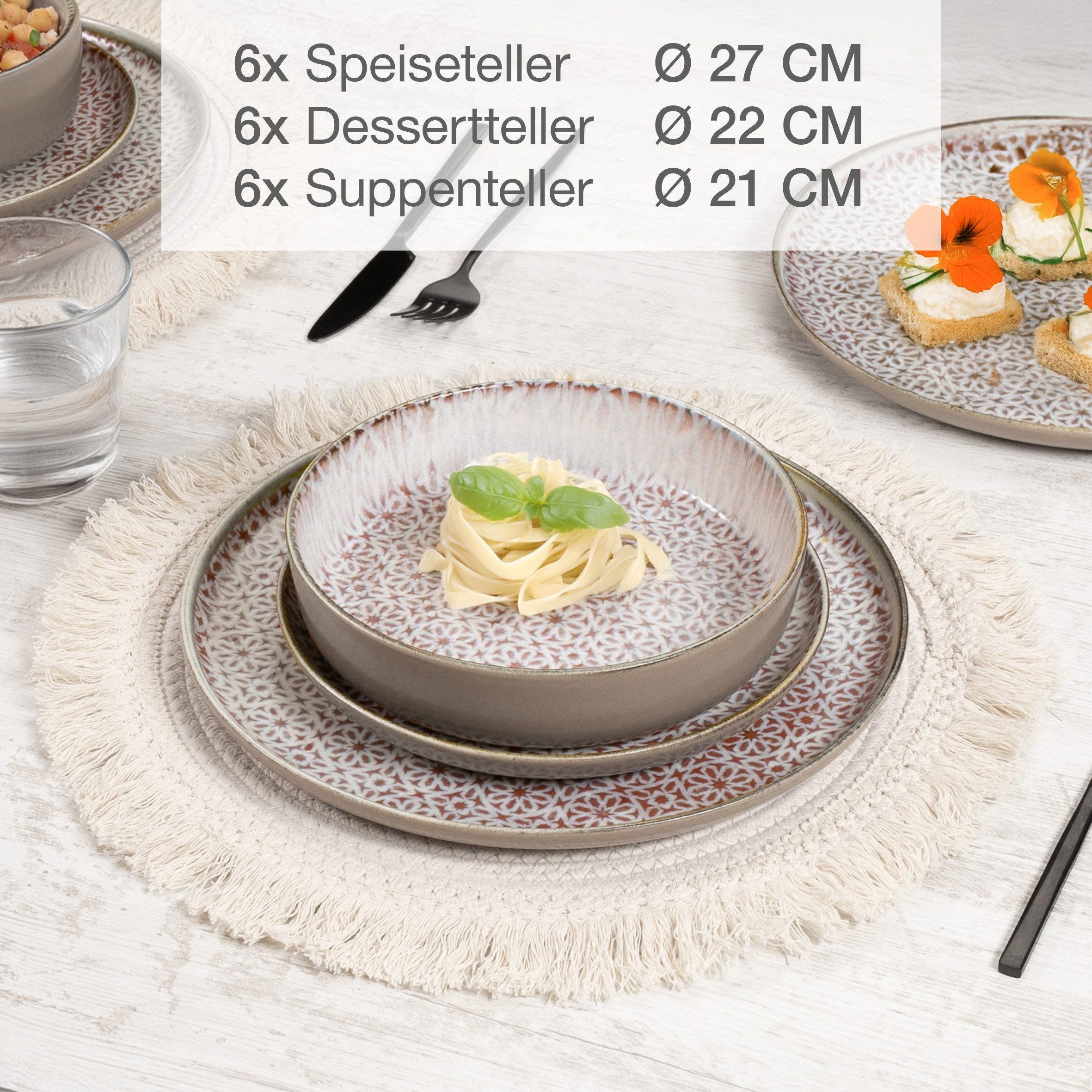 Moritz & Moritz Kombiservice ALHAMBRA Geschirrset Mousse (18-tlg), 6 Personen, Porzellan, Spülmaschinengeeignet & Mikrowellensicher