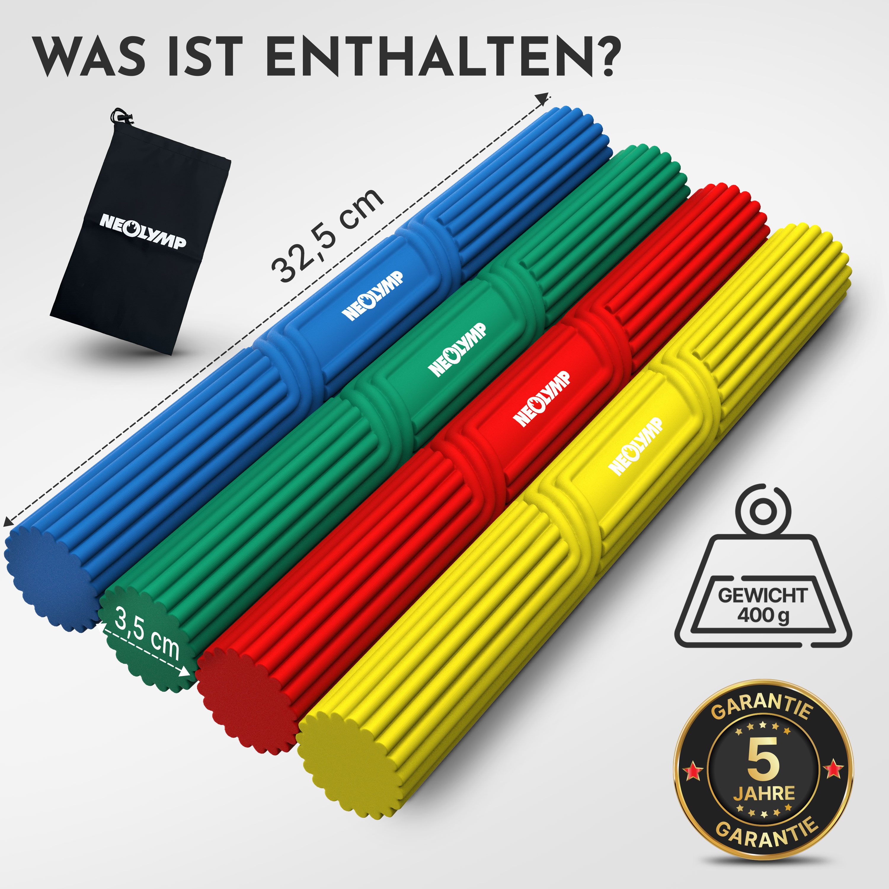 NEOLYMP Handmuskeltrainer Handtrainer Unterarmtrainer – Griffkraft & Rehabilitation –Therapy Bar (Set, Hand Trainingsgerät inkl. Tragetasche, Übungsheft & E-Book), Grip Strength Trainer aus Silikon, rutschfest & langlebig