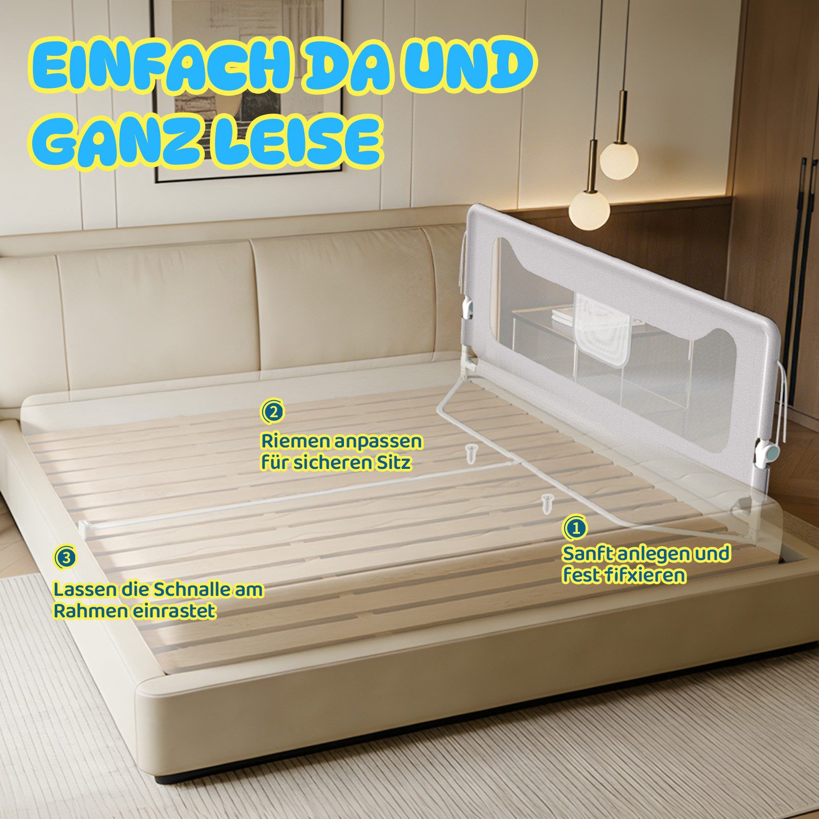 Huracan Bettschutzgitter Bettgitter 150/180/200cm, Rausfallschutz Bett, (14-Fach höhenverstellbar, Klappbar Bettschutzgitter für, Kinder Baby,Stabiler Kinderbettgitter für Babybett), mit Sicherheitsgurt, Elternbett & Kinderbett