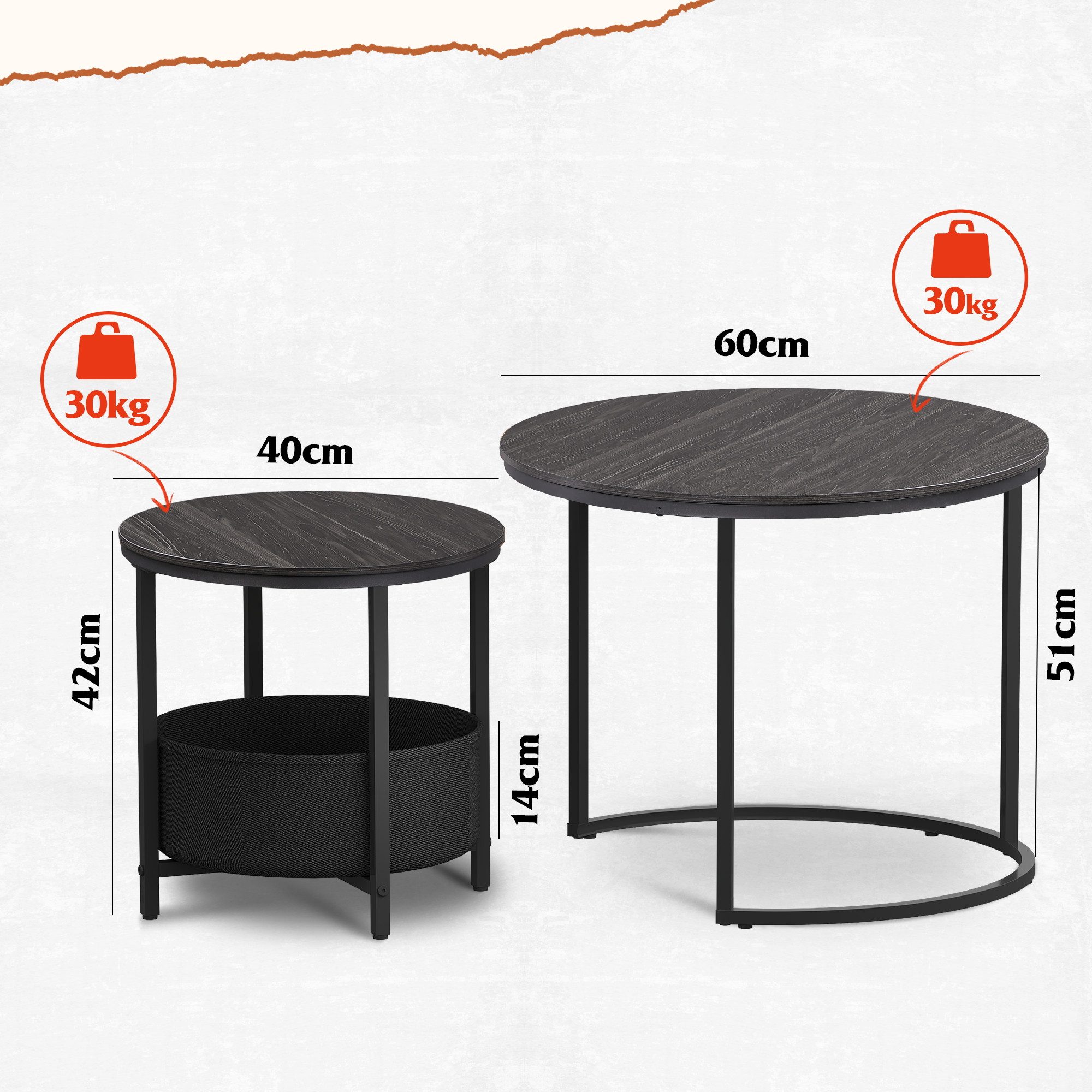 WLIVE Couchtisch Couchtisch 2er‑Satztisch rund mit Stauraum, (Beistelltisch mit Stoffkorb & Metallgestell, Holzoptik, 2er Set), 2 in 1 Verschachtelung – Bild 3 von 5