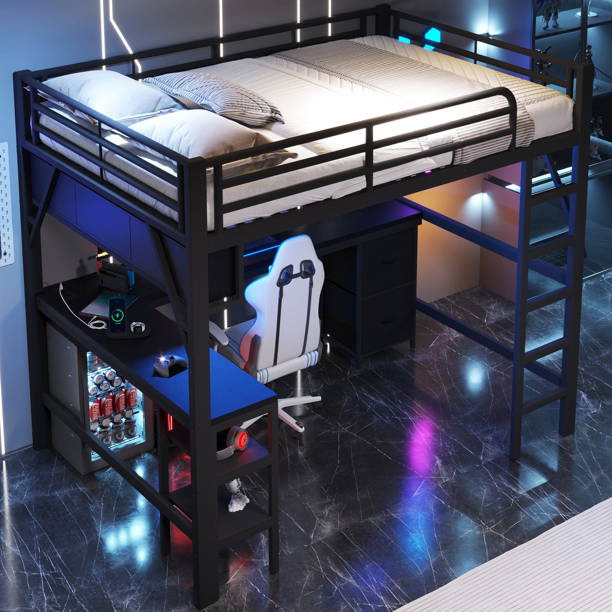 Merax Hochbett 140x200cm Metallbett mit LED-Beleuchtung & USB-Anschluss (1-St., Jugendbett Stockbett Einzelbett) Kinderbett mit Schreibtisch Bücherregal Ablagefächern Stauraum Leiter