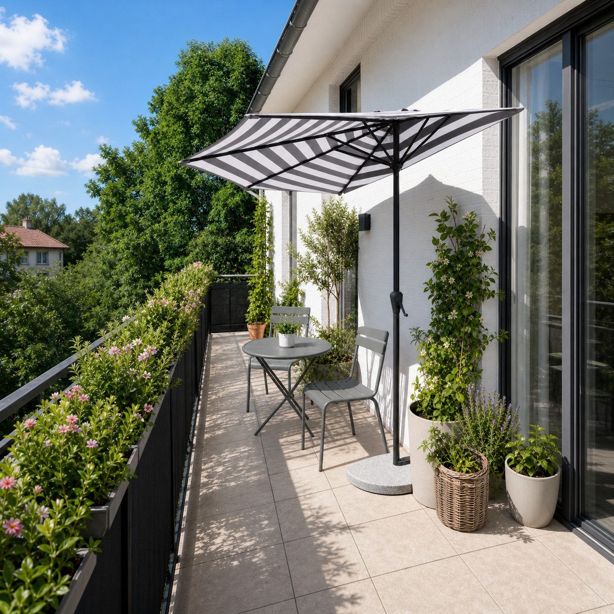 Sekey Sonnenschirm 270 cm Sonnenschirm Streifen Halbrund Terrassenschirm mit Kurbel, Halbrundschirm für Balkon, Garten, Hof, Restaurant, Café, Biergarten