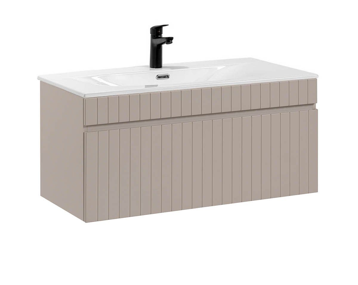 einfachgutemoebel Waschtisch-Set Badezimmer Waschplatz KARATA 100cm, Einbaubecken weiß, kaschmir grey, (Badmöbel Set, 1-St., Waschtisch Unterschrank)