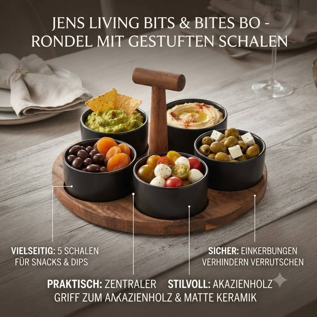 Jens Living Servierschale Bits & Bites Bo Servierset, Akazienholz & 5 Keramikschalen, Schwarz, Holz, Keramik, (6-tlg), Akazienholz, 5 Schalen, gestuft, Griff, rutschfest, schwarz