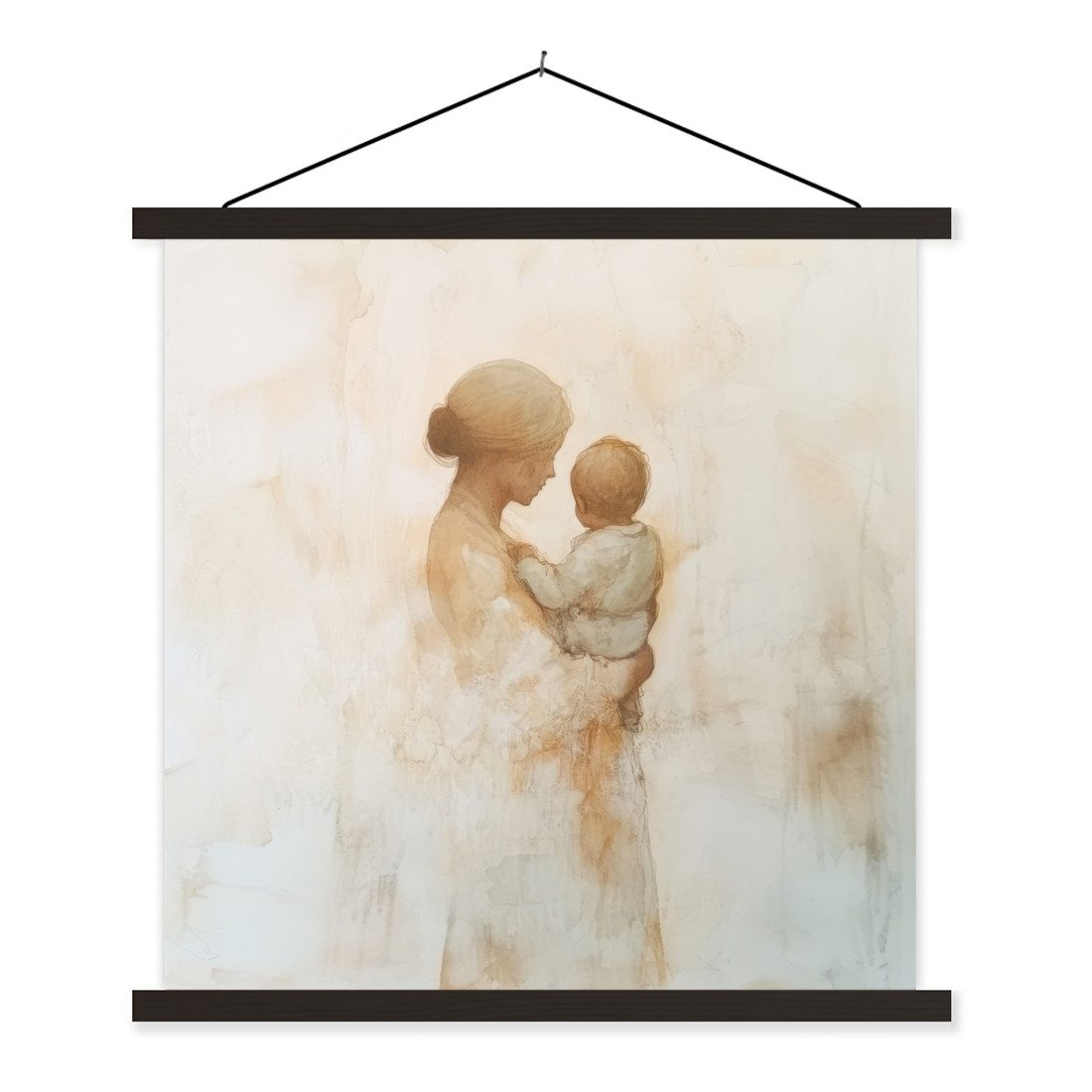 MuchoWow Poster Kind - Mutter - Aquarellmalerei, (1 St), Magnetische Posterleiste, Holzleisten, Textilposter, 60x60 cm