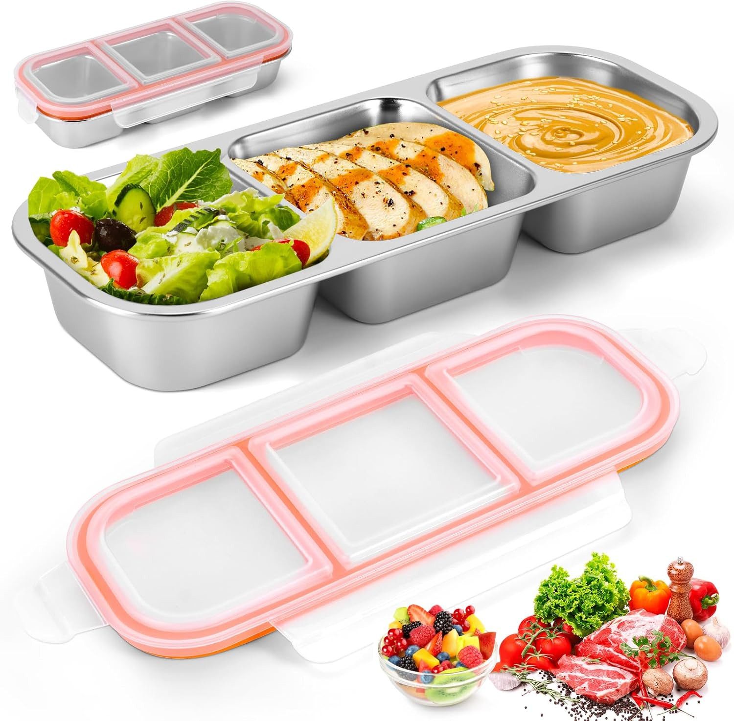 Servierplatte Snackbox 600ml,Bento Lunchbox Edelstahl mit 3 Fächern wiederverwendbar