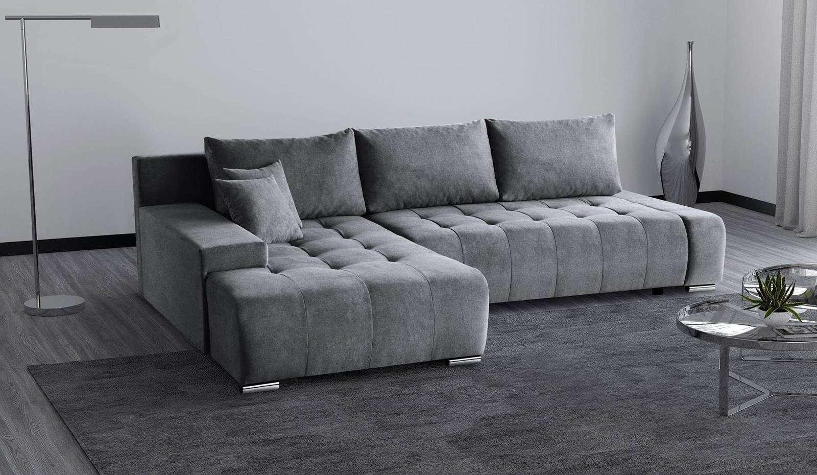 Beautysofa Ecksofa Ecksofa Sofa DRACO mit Schlaffunktion, Bettkasten Couch Wohnzimmer Grau (aston 17)