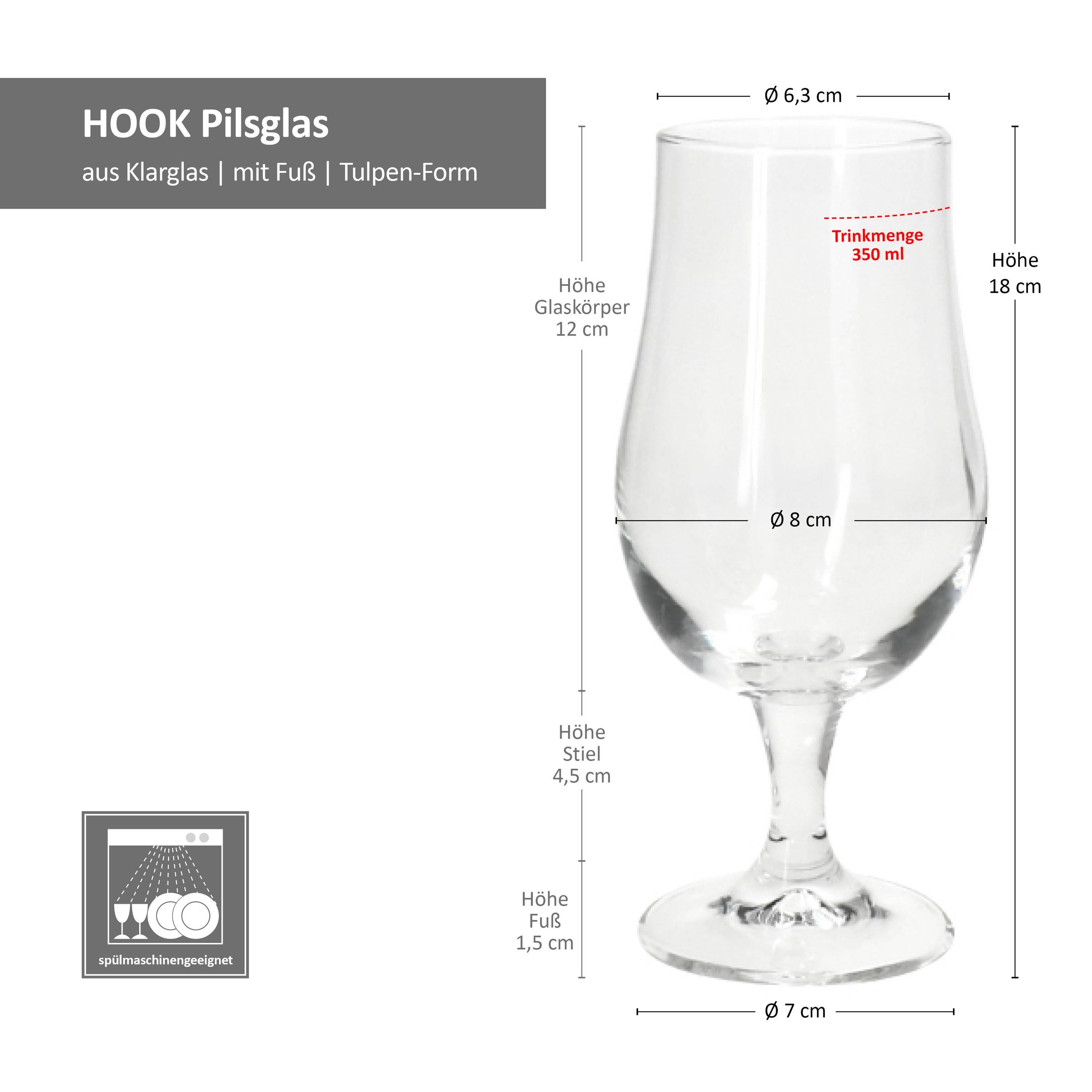 MamboCat Bierglas 6x Hook Pilsglas 350ml mit Fuß Biergläser klar 0,35L aus Glas, Glas