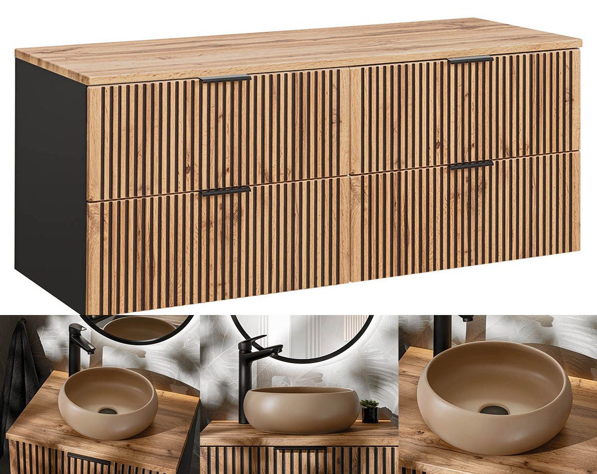 einfachgutemoebel Waschtisch-Set Doppel Waschplatz Tribune 160cm, 2 Becken bematt, Black- Wotan-Eiche, (Badmöbel Set, 1-St., Waschtisch Unterschrank)