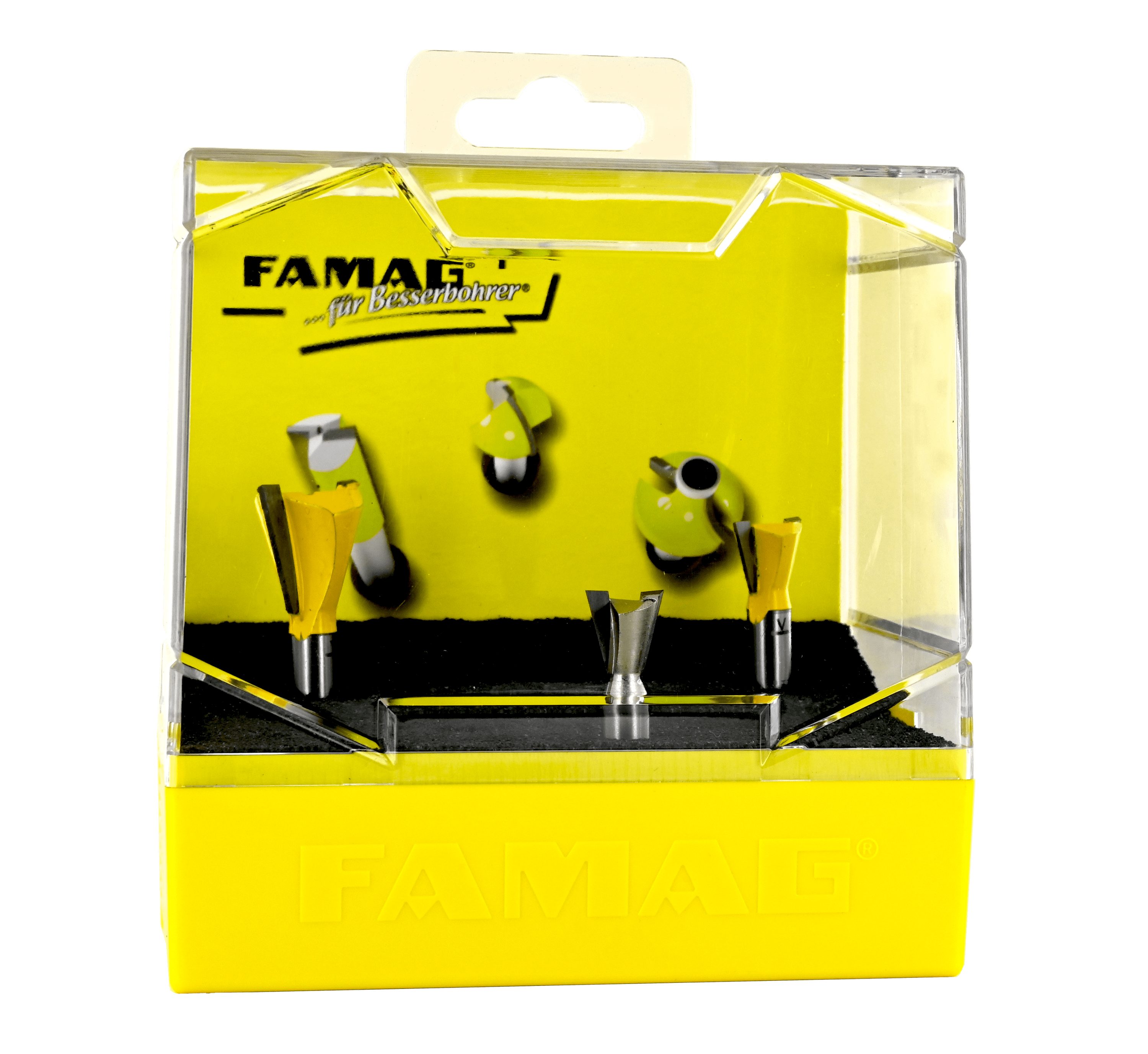 3-teiliges FAMAG Zinkenfräser in HM-bestückt Kunststoff-Box FAMAG Grat- Fräser-Set - u. Set 3104.903