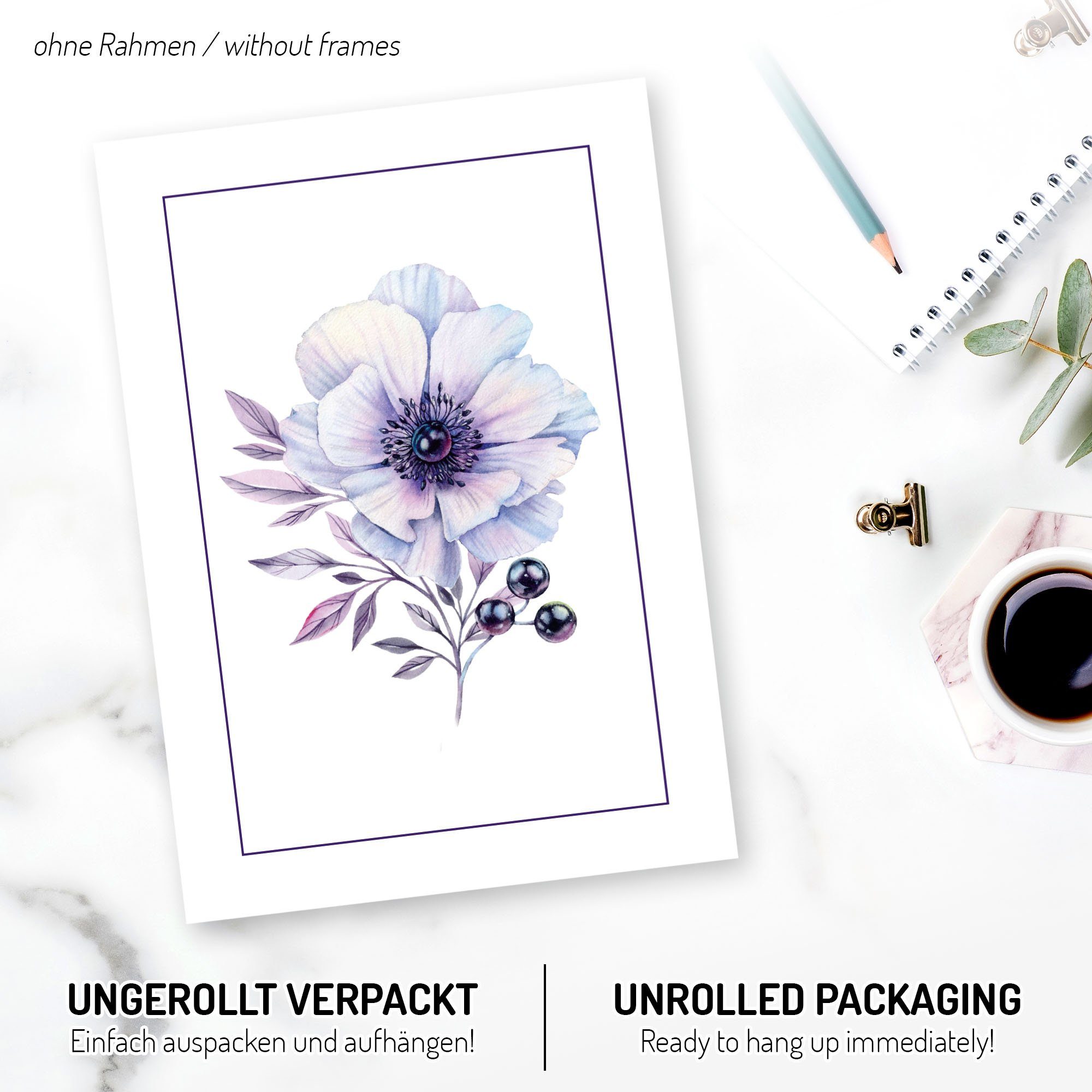 Kreative Feder Poster, Natur, Blumen, lila, violett, Zeichnung, Aquarell (Set, 3 St), 3-teiliges Poster-Set, Wandbild, optional mit Rahmen, DIN A4 oder A3