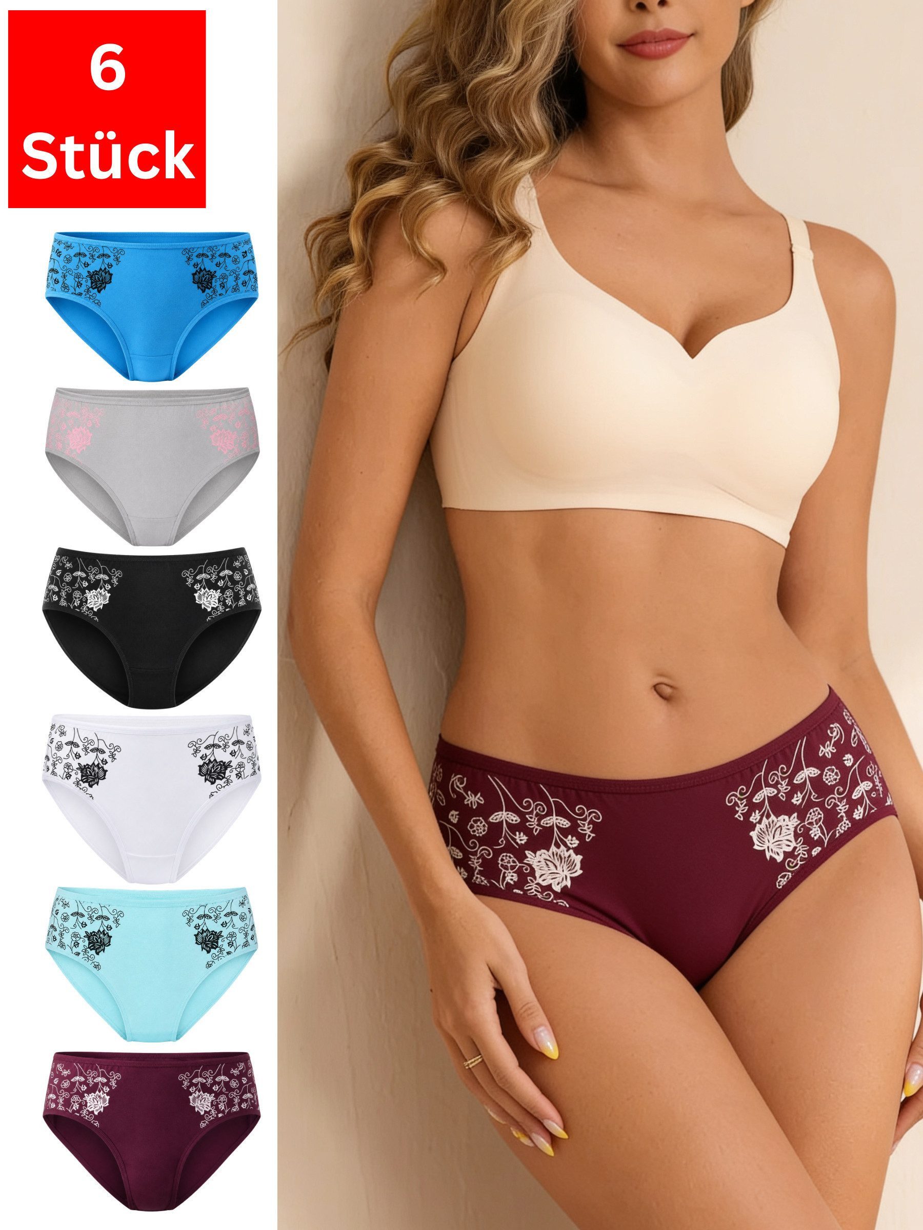 Elegant Love Slip Damenslips aus Baumwollmix mit floralem Muster, Unterhosen im Mehrpack (Packung, 6-St., 6er-Pack) Taillenslip Panties, Unterwäsche mit normalem Bund für den Alltag
