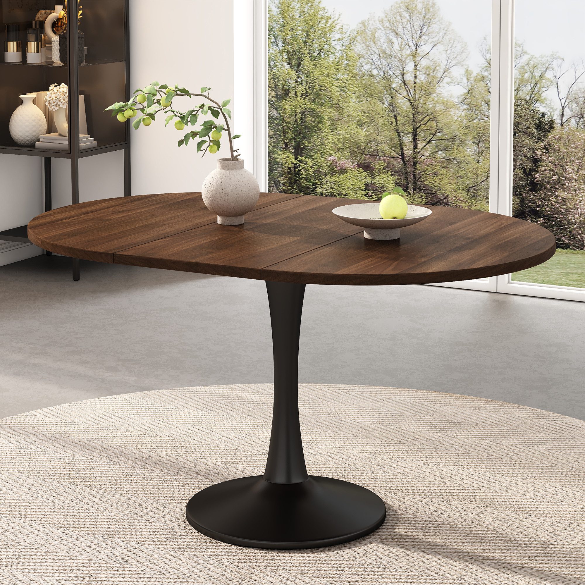 Flieks Esstisch ausziehbarer Küchentisch rund/oval, Eisengestell (verstellbare Länge 100-140x100x75 cm, Höhe Tischplatte 1,8 cm, 1-St., 1 Tisch, für 4-6 Personen), erweiterbarer Schreibtisch Bürotisch aus MDF Walnussholzfarbe