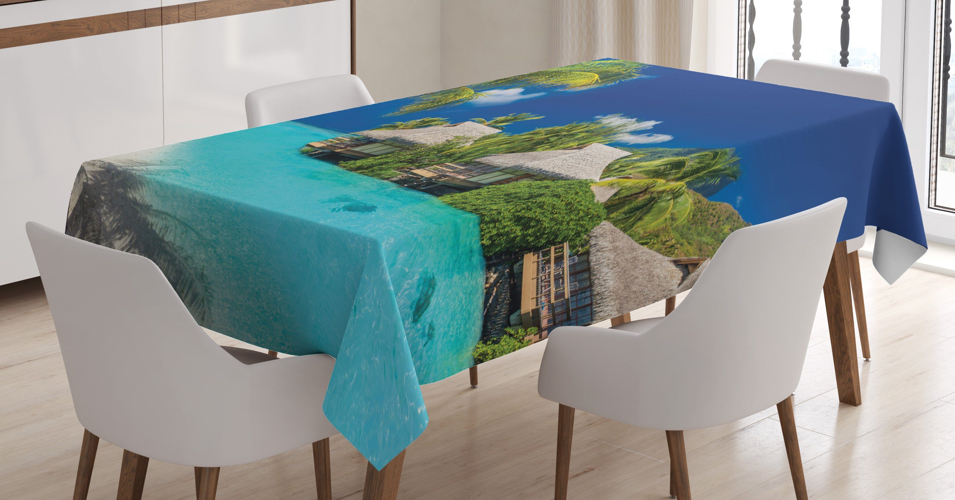 Abakuhaus Tischdecke Farbfest Waschbar Für den Außen Bereich geeignet Klare Farben, Insel Strandhäuser auf Wasser-Kunst