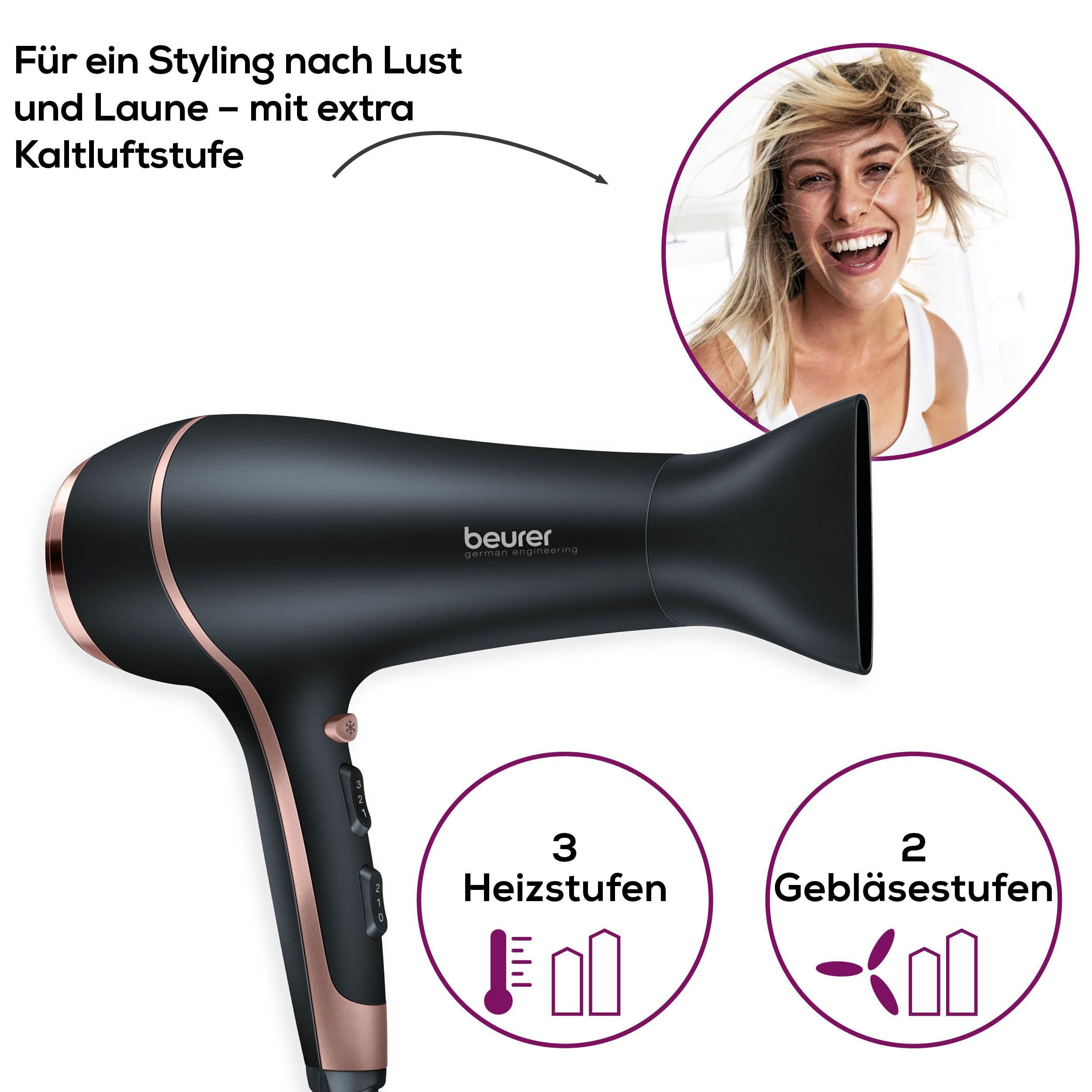 BEURER Haartrockner HC 30 hochwertig verchromter Föhn mit extra starker Leistung, 2200 W, Fixierung des Stylings dank Kaltluftstufe schwarz