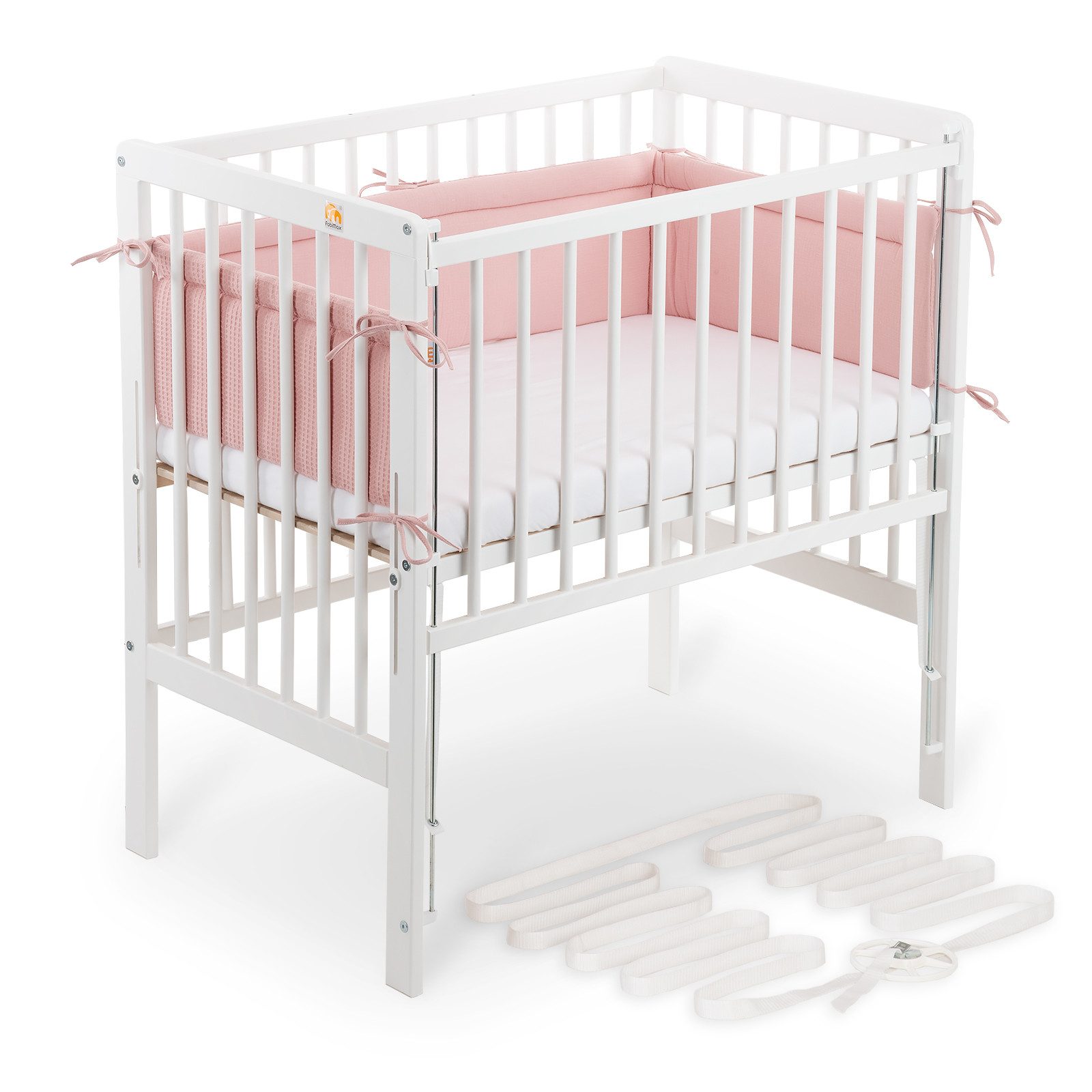 FabiMax Beistellbett Beistellbett Flex 90x55, TÜV geprüft, aus Buchenholz weiß lackiert, stufenlos höhenverstellbar, passend für Boxspringbetten, 2 in 1