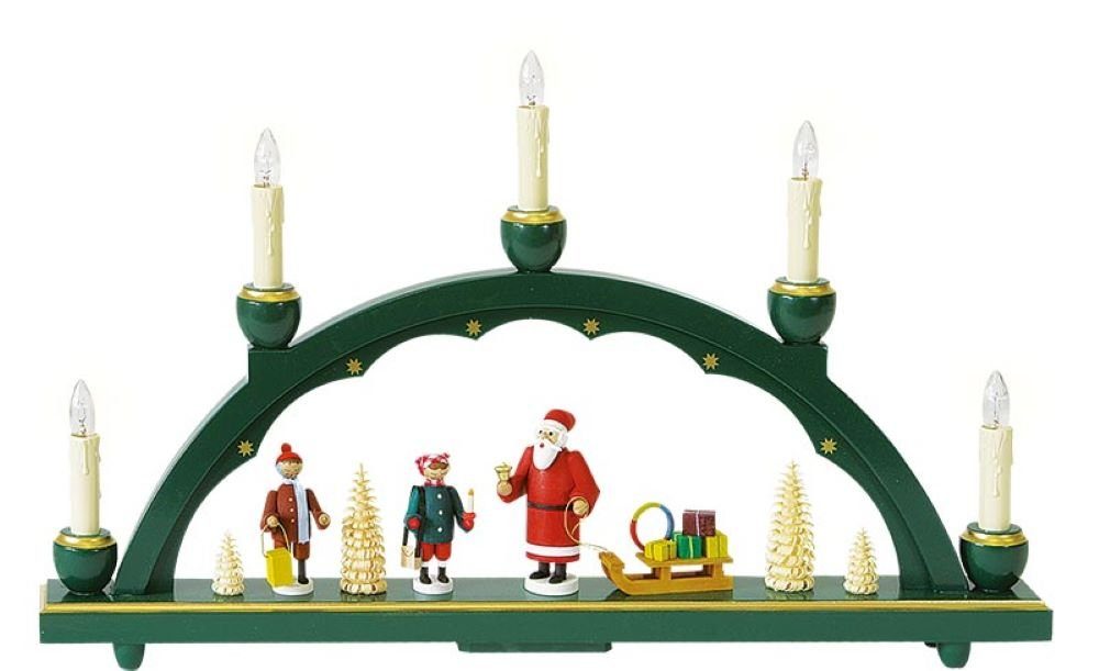 Richard Glaesser Schwibbogen grün, Weihnachtsmann mit Schlitten, Höhe 28 cm / Breite 48 cm, Handwerkskunst aus dem Erzgebirge