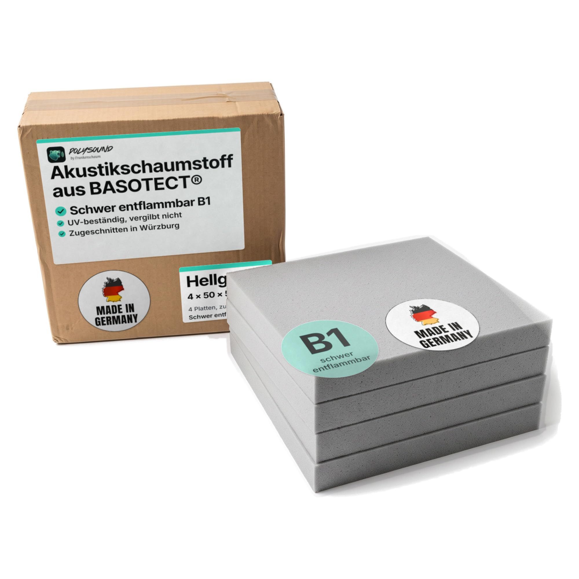 PolySound Akustikplatte Akustikschaumstoff aus Basotect® 50 x 50 x 2 cm, 4 Stück, hellgrau, (4-St)