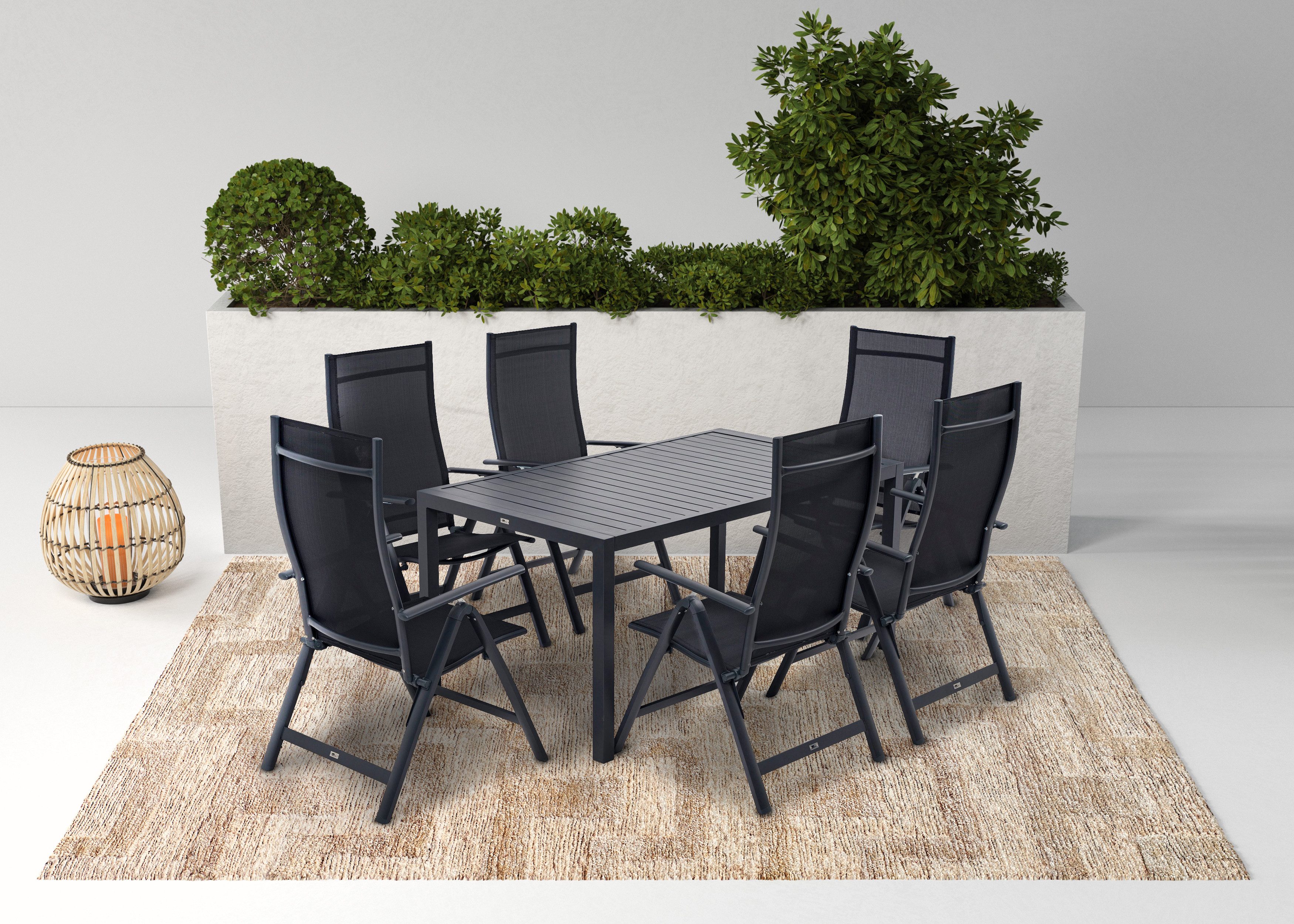 KONIFERA Garten-Essgruppe Messina, (Set, 7-tlg., 6x Sessel, 1x Tisch 160x90x74 cm, Aluminium, Textilgewebe), klappbar, 7-fach verstellbare Rückenlehne, Tischplatte aus Alulatten