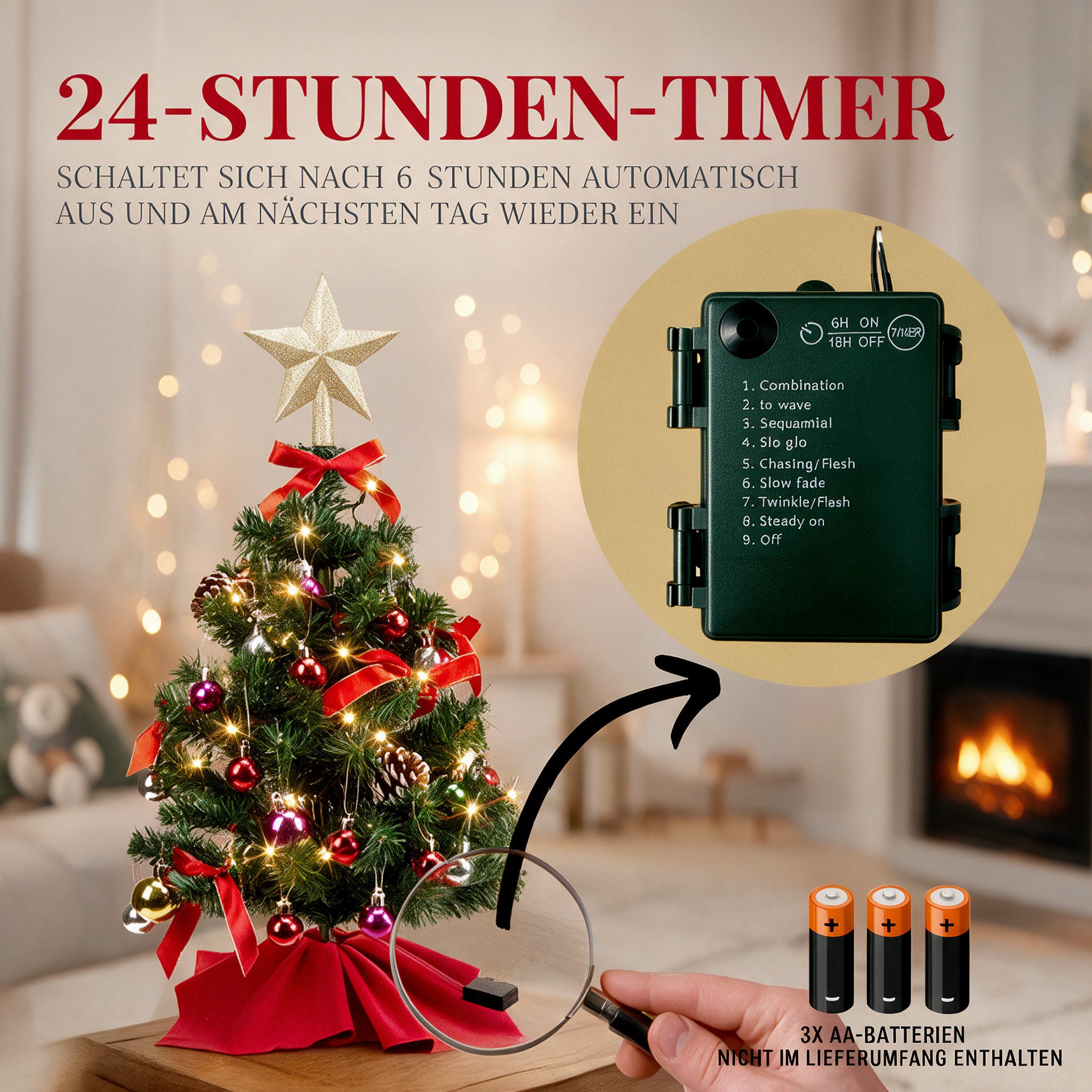 WOWDSGN Künstlicher Weihnachtsbaum 60cm mit Beleuchtung mit 50 LED Warmweiß 8 Modi mit 20 Kugeln & Sockel, Künstlicher Weihnachtsbaum, Kleiner Tisch Weihnachtsb – Bild 5 von 5
