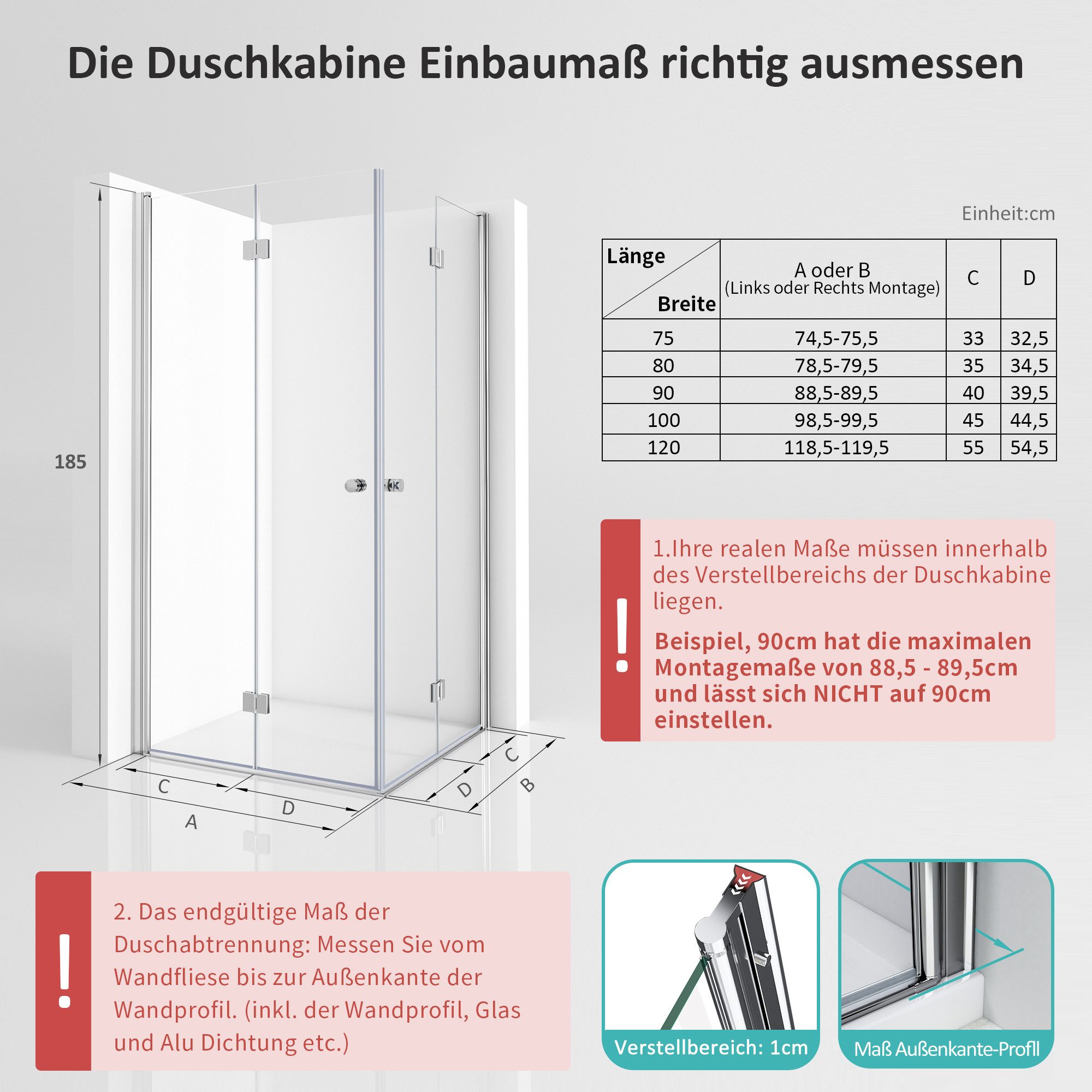 Hopibath Eckdusche 90x80 80x80 Falttür Duschkabine 100x100 100x80 H:185cm, BxT: 80x90 cm, Sicherheitsglas, 180º Falt-Duschkabine, Eckeinstieg, Magnetverschluss, Alu-Bodenleiste