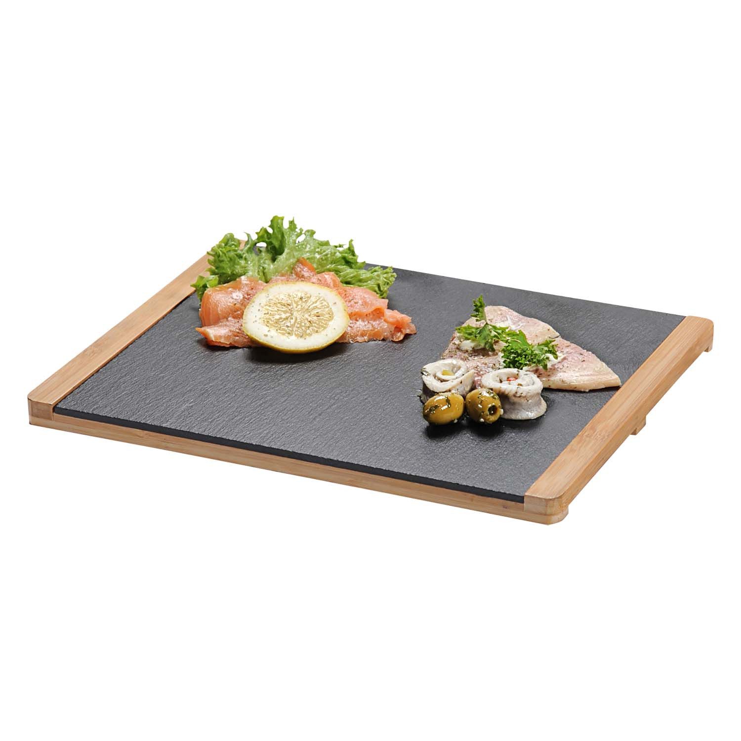 Kesper Servierbrett 4 Buffetplatten, Schiefer mit Bambusrahmen - 34 x 26cm, Schiefer, (4-St), Schieferplatte herausnehmbar