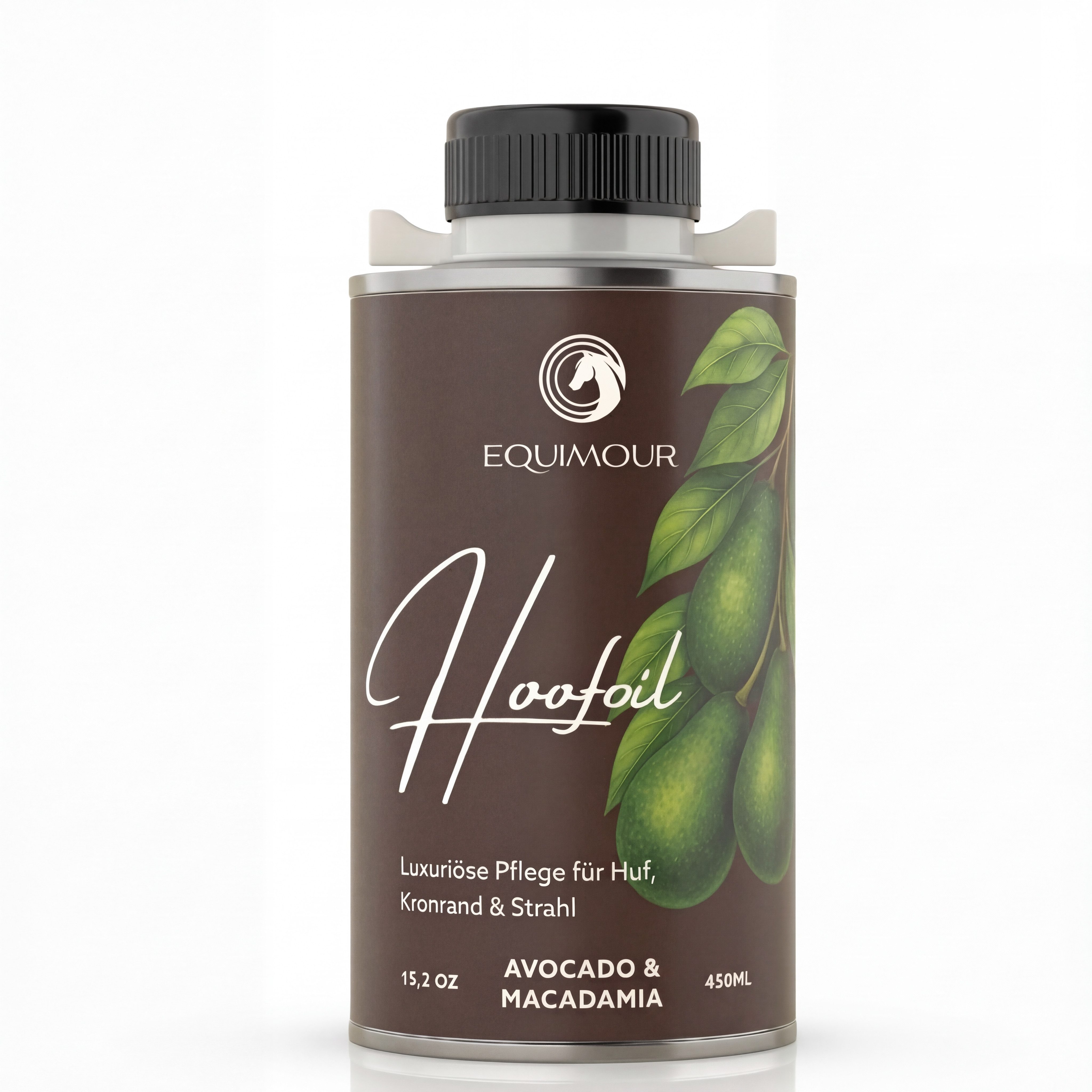 Equimour Hufpflegemittel Huföl Pferd mit Pinsel – Avocado & Macadamia, pflegend, glänzend, (1-St)