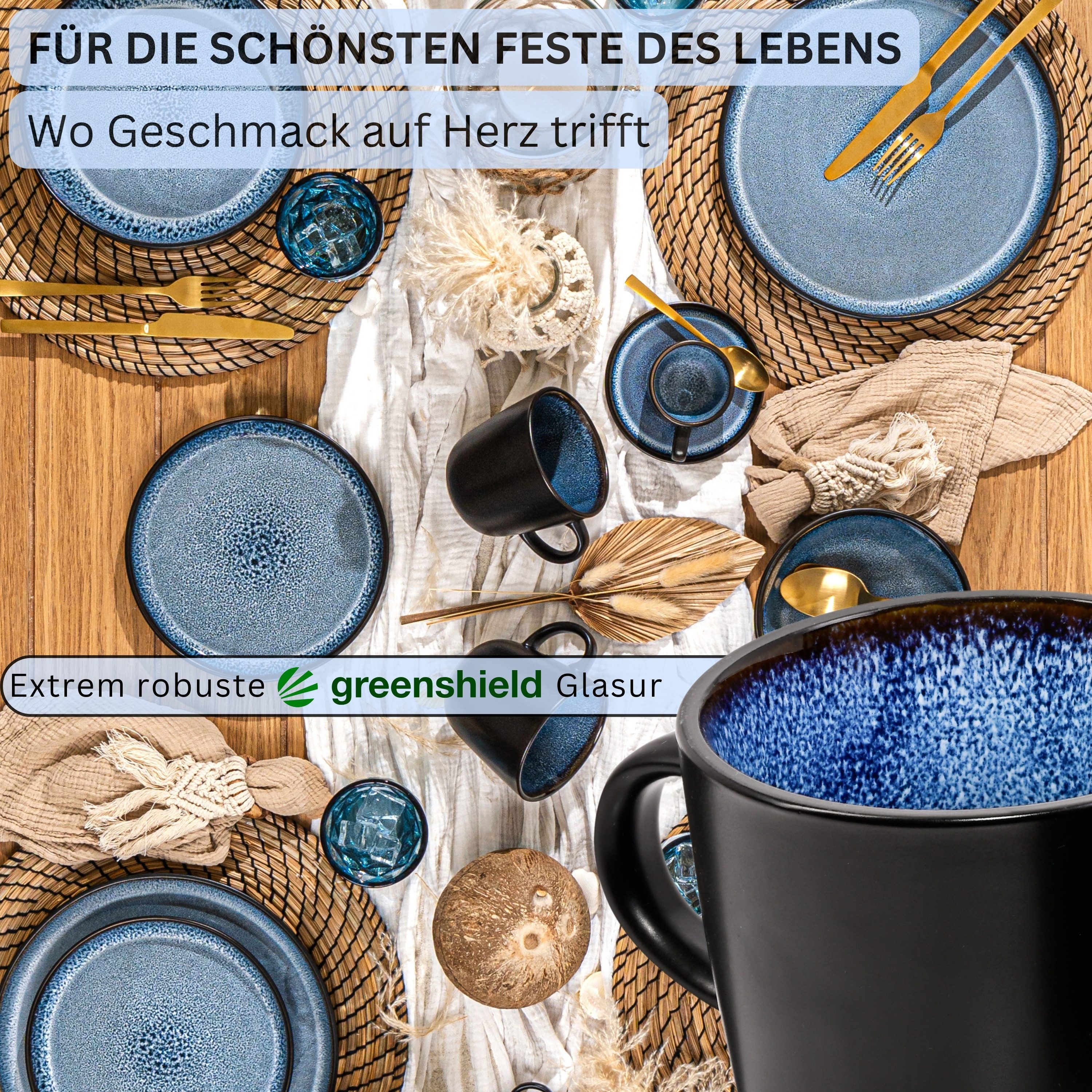 SÄNGER Becher Aruba, Blau Schwarz, 6-tlg., Steingut, 6 tlg. Kaffeebecher Set, Erweiterbar, 430 ml, VALUE COLLECTION