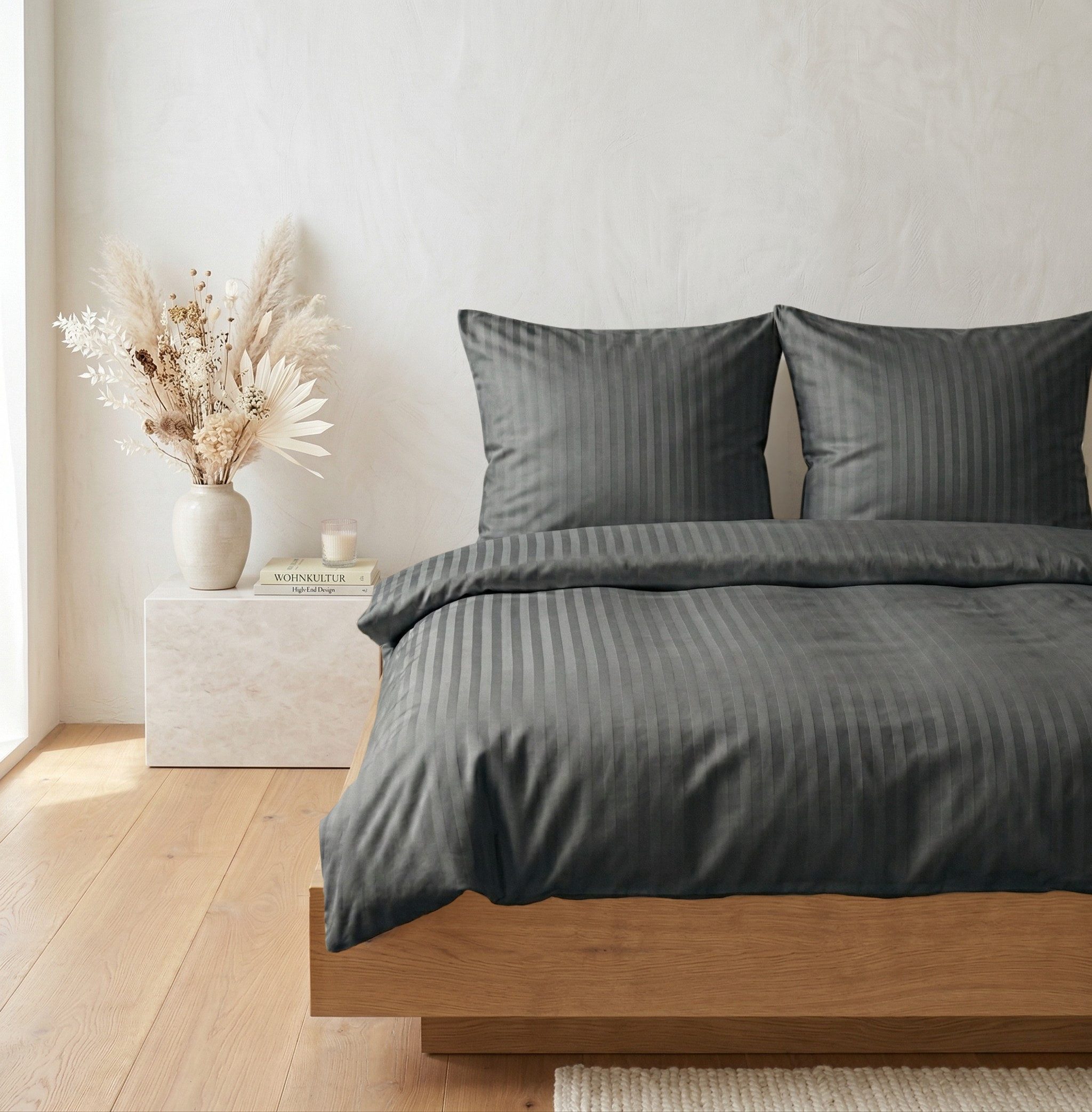 Carpe Sonno Bettwäsche Damast 135x200 155x220 Hochwertige Hotel Baumwoll Bettwäsche gestreift, Damast, 2 teilig, Bettwaren Set 135 x 200 Bettbezug mit Reißverschluss - Dunkel Grau