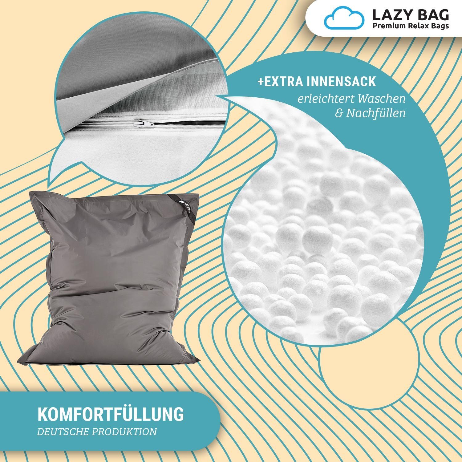 LazyBag Sitzsack Sitzsack XL 250 Liter Indoor Outdoor – Wasserfester Riesensitzsack (XL 250 Liter, Riesensitzsack), Junior-Sitzkissen Sessel – Bild 5 von 5