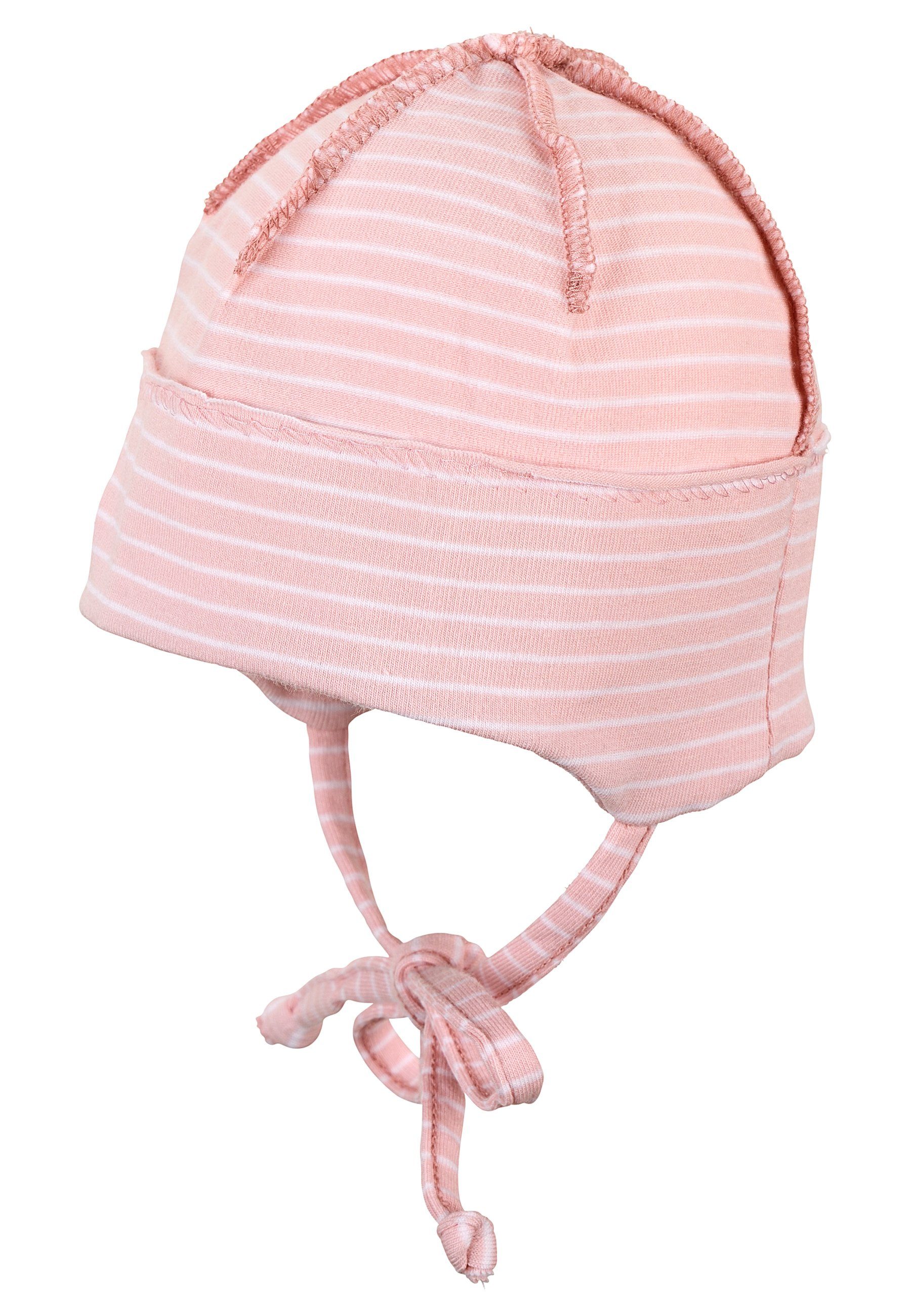 Sterntaler® Baumwolle rosa Beanie und und Umschlag) Bindeband Babymütze Schlupfmütze mit (1-St., Mütze Ohrenklappen Kinder Ringeln OCS tragbar mit mit ohne aus